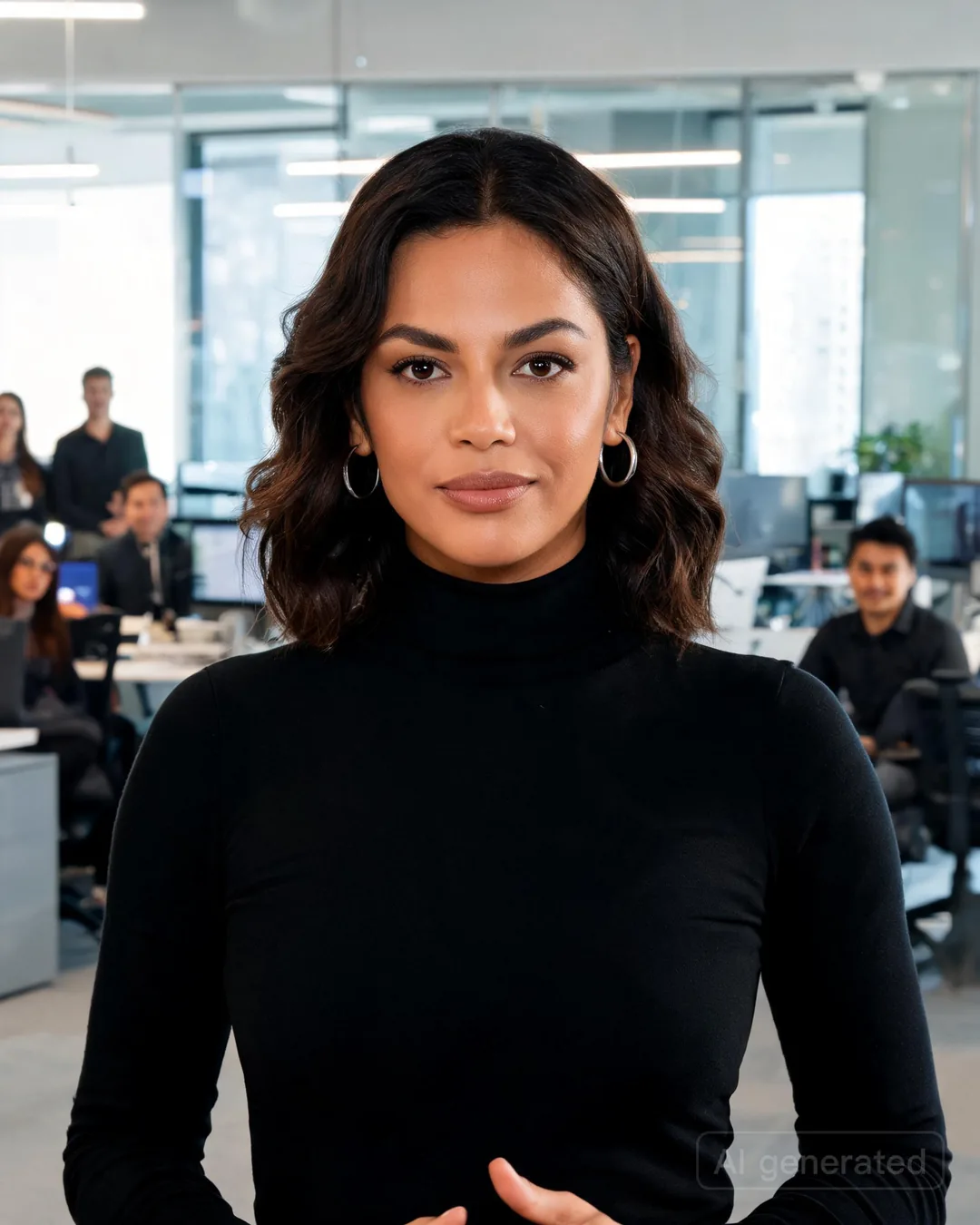 Aria Martinez standing in a sleek modern open-plan office presenting to a blurred team