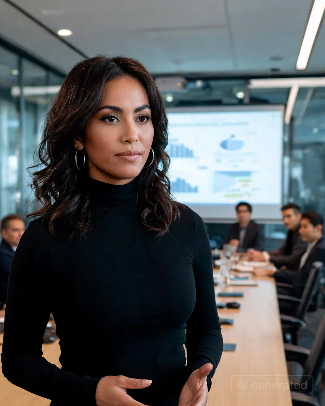 Aria Martinez standing in a sleek venture capital conference room presenting to blurred investors with a