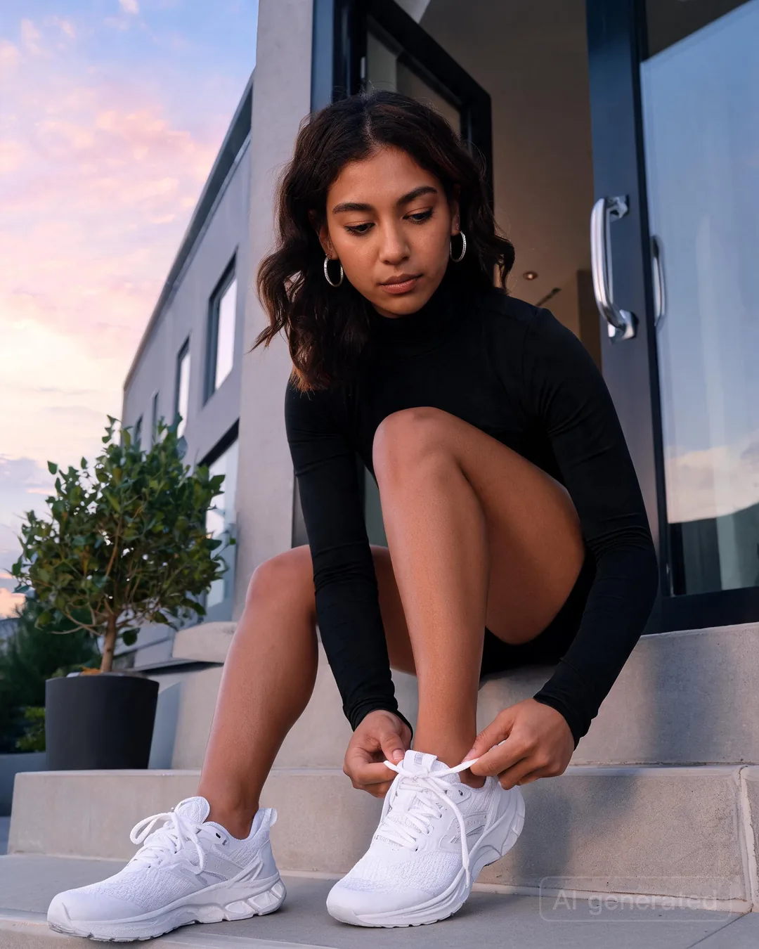 Aria Martinez lacing up running shoes on a sleek apartment doorstep at dawn