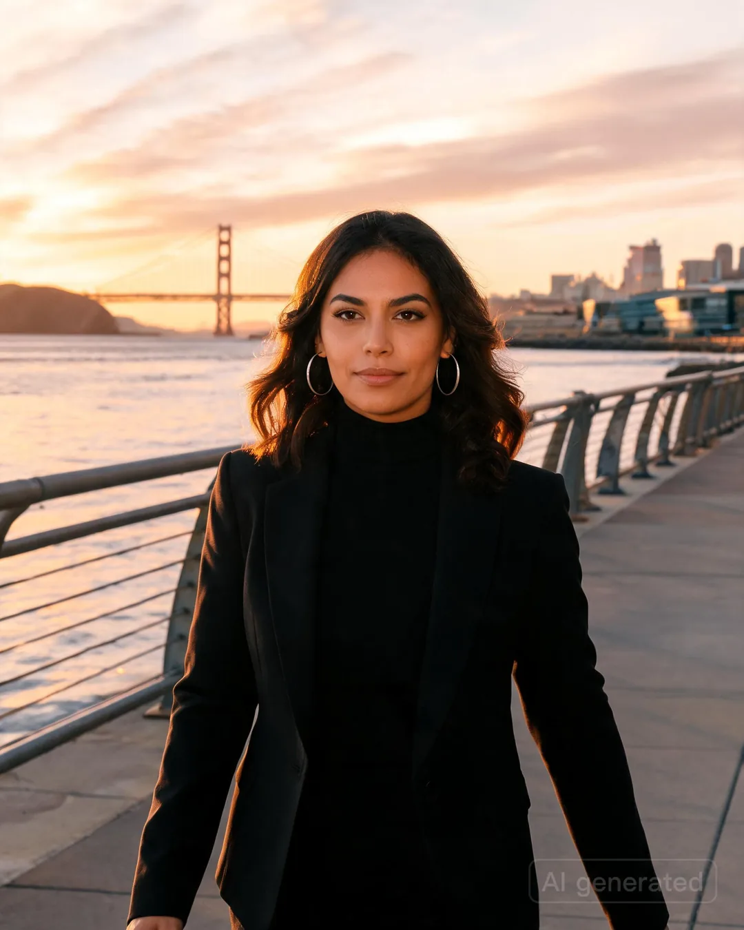 Aria Martinez walking along a Bay Area waterfront at sunset in a sleek blazer