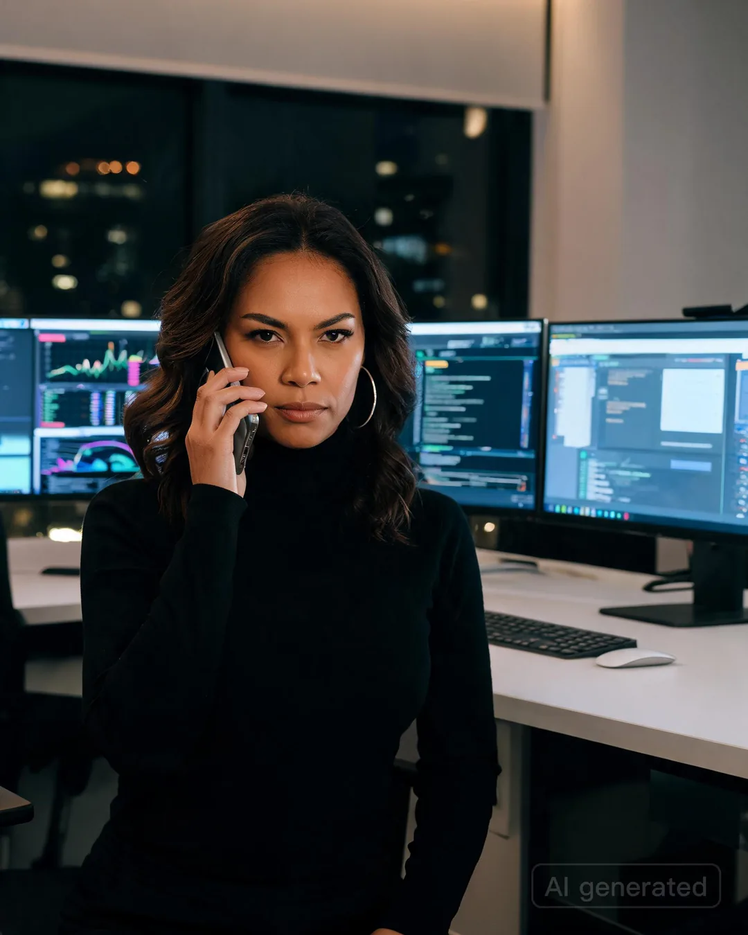 Aria Martinez sitting at a sleek standing desk at night with multiple monitors and a phone