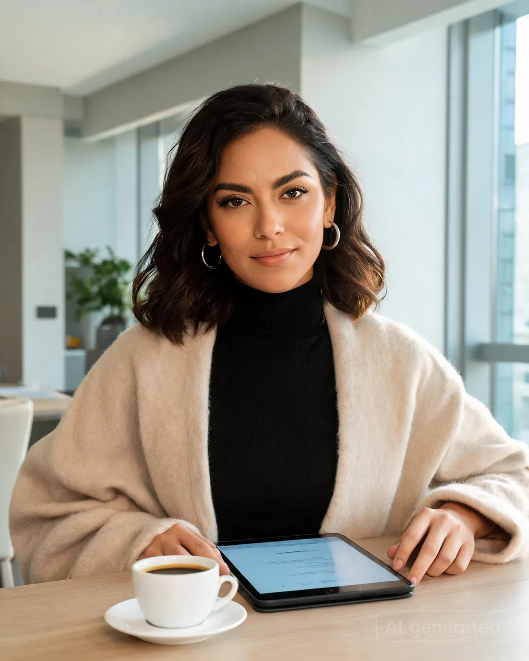 Aria Martinez sitting at a sleek apartment dining table in a cashmere robe with espresso and