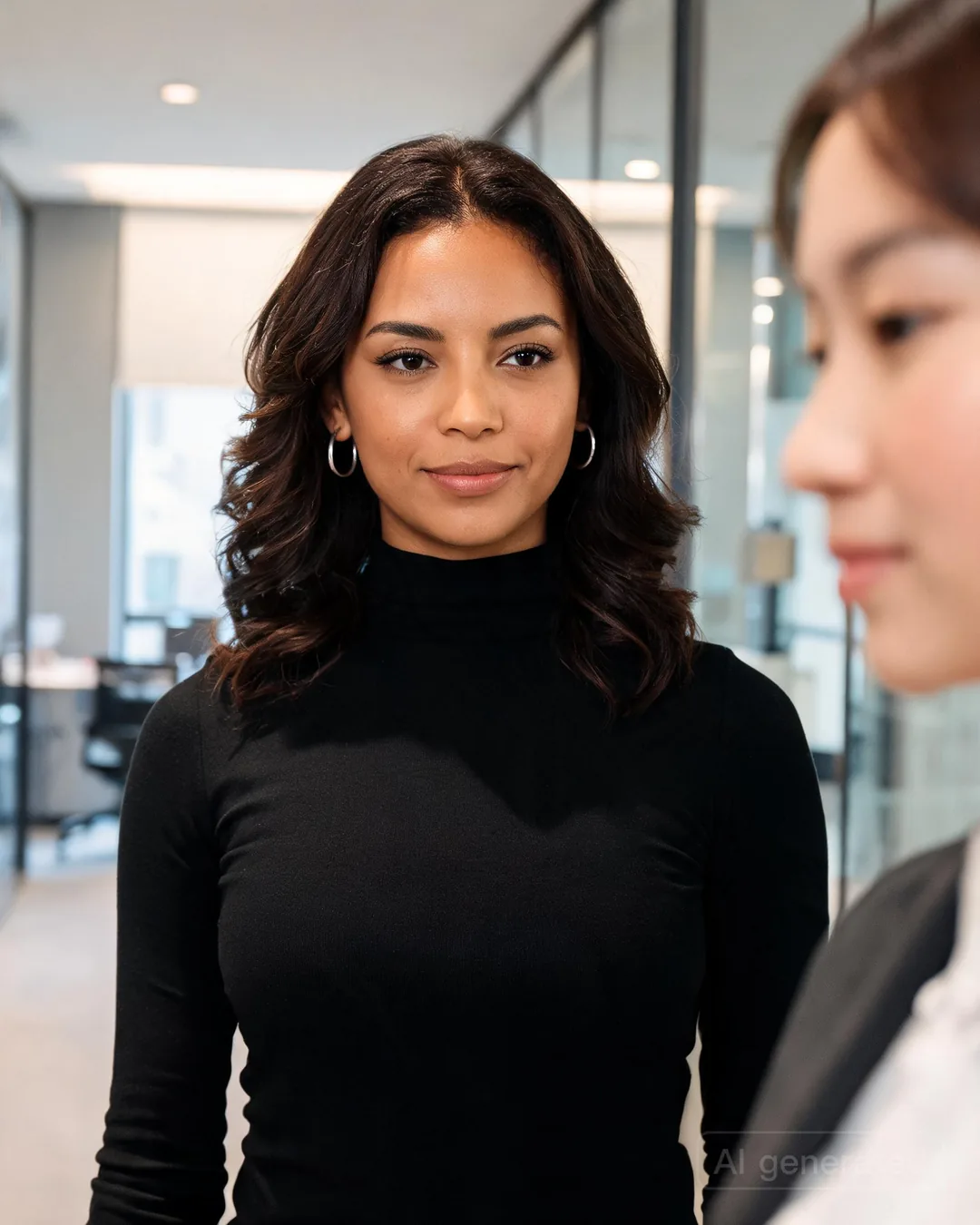 Aria Martinez standing in a sleek office hallway beside a younger blurred figure