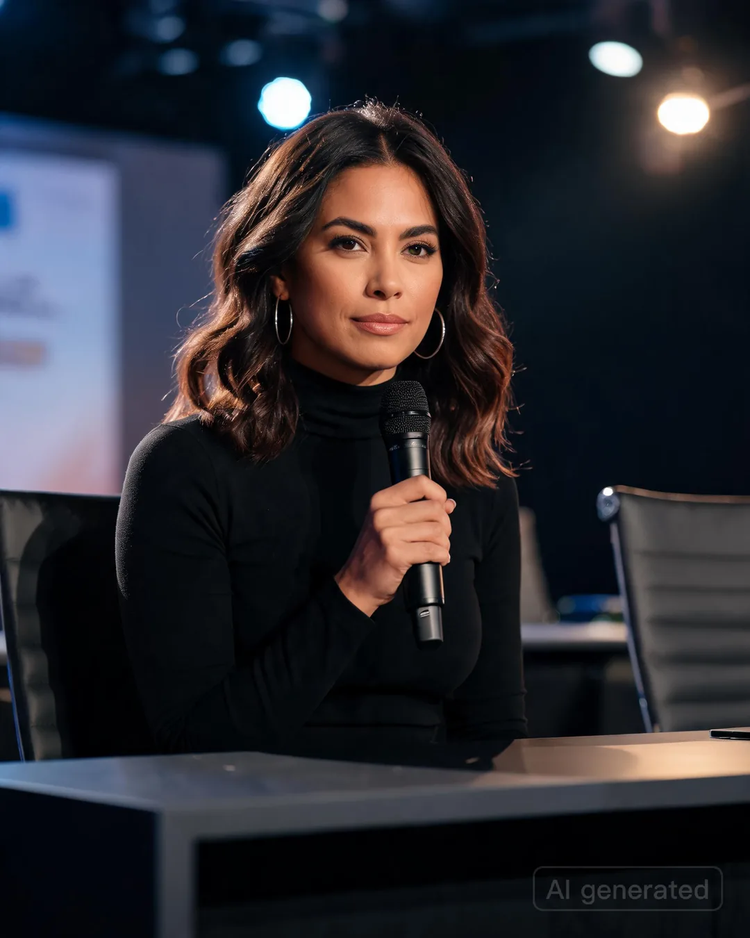 Aria Martinez sitting at a sleek conference panel table holding a microphone