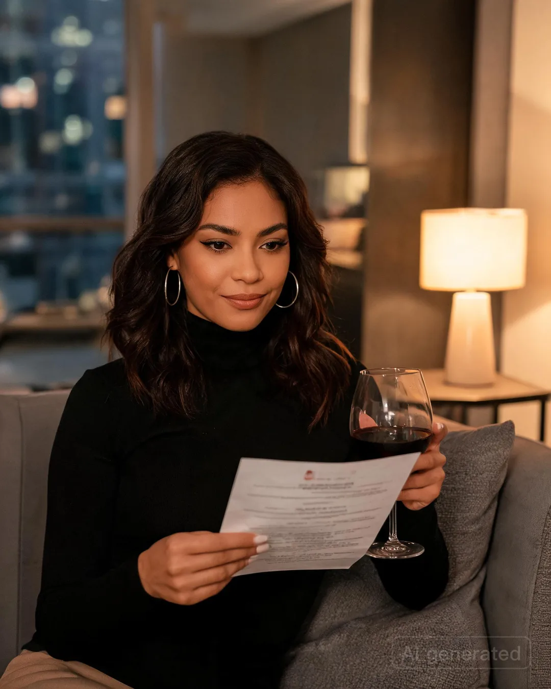 Aria Martinez sitting at a sleek apartment couch reading a printed memo with a glass of
