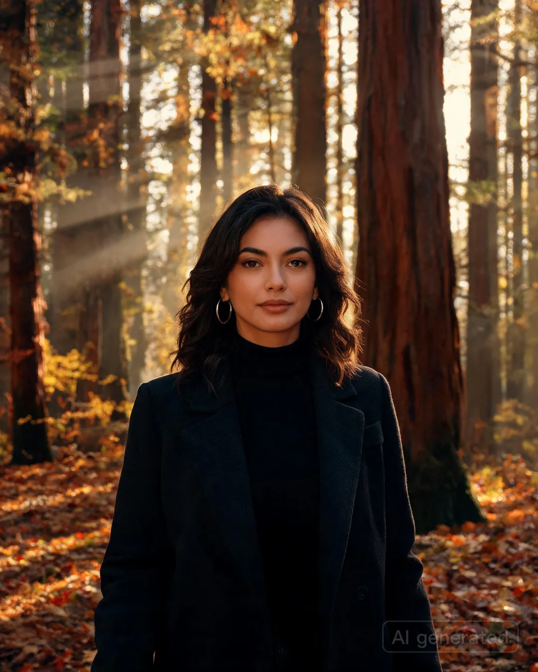 Aria Martinez walking through a redwood forest in autumn in a sleek wool coat