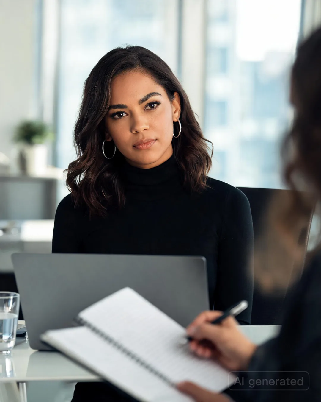 Aria Martinez sitting at a sleek office across from a blurred figure with a notepad open