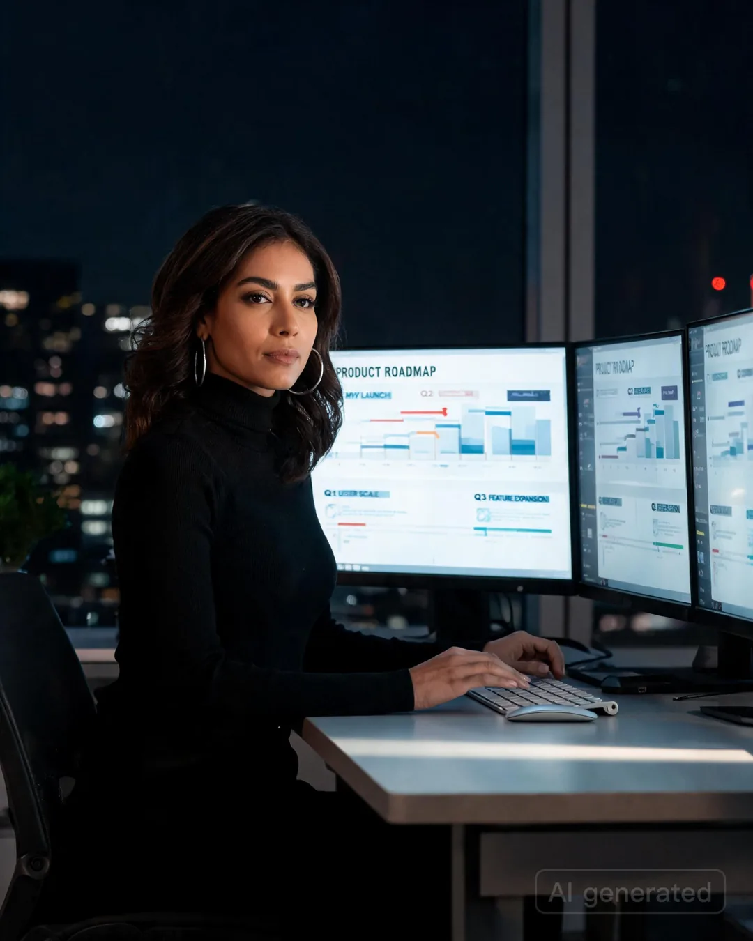 Aria Martinez sitting at a sleek standing desk with multiple monitors showing product roadmaps at night