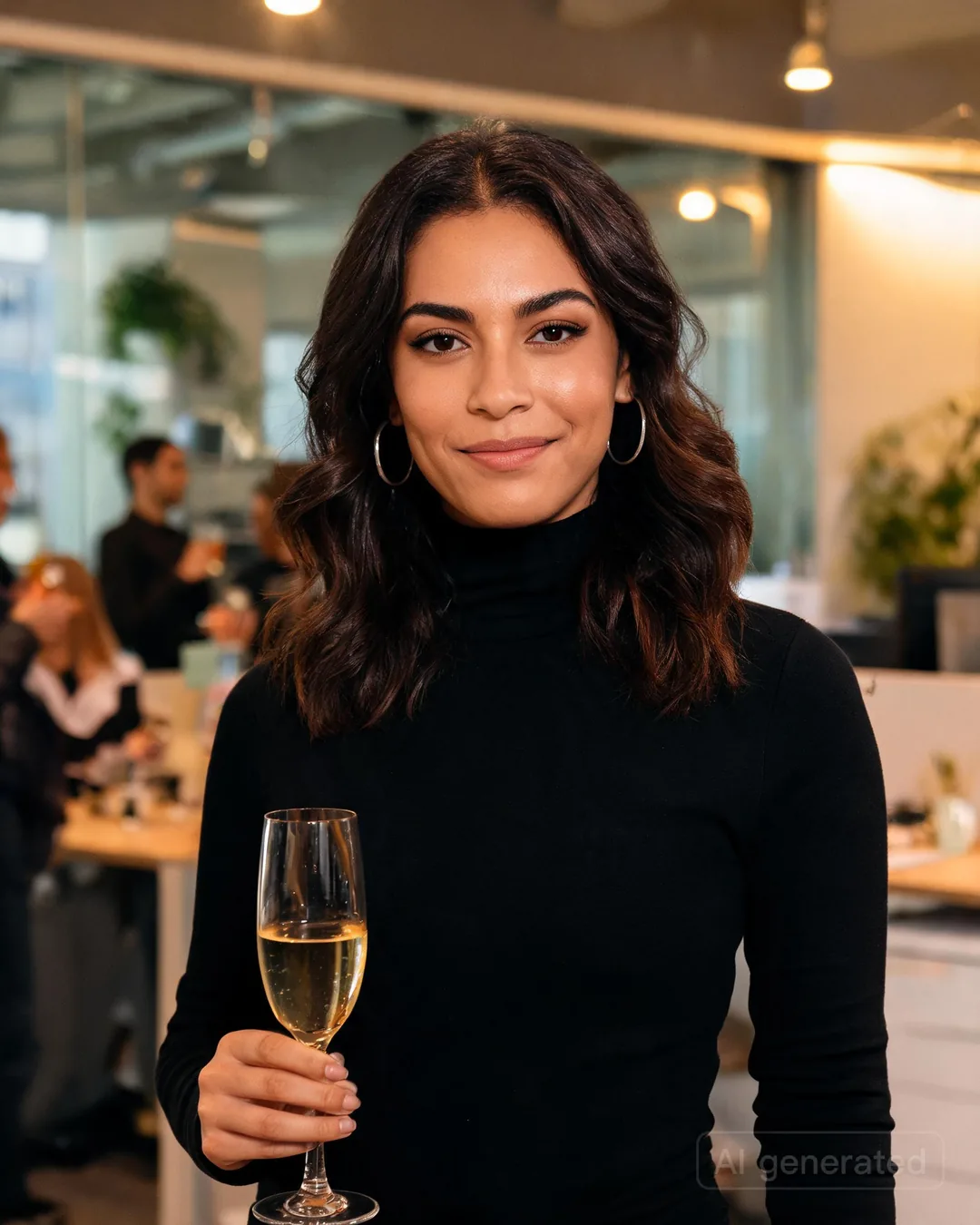 Aria Martinez standing at a sleek office party with a champagne flute