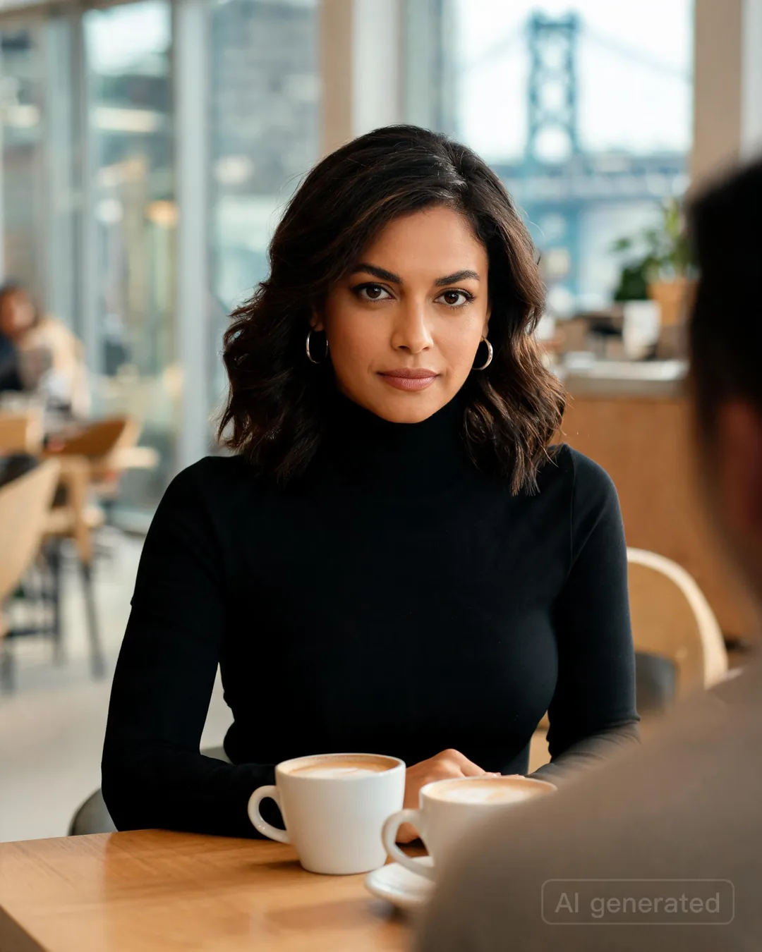 Aria Martinez sitting at a sleek Bay Area café across from a blurred figure with two