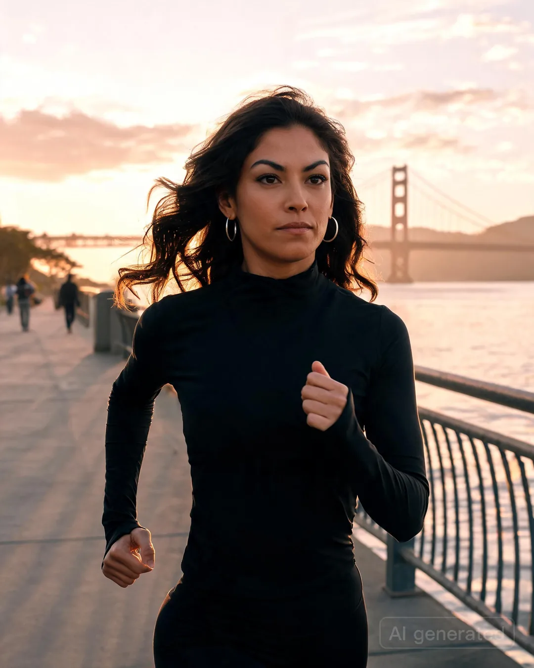 Aria Martinez running along a Bay Area waterfront path at dawn in athletic gear
