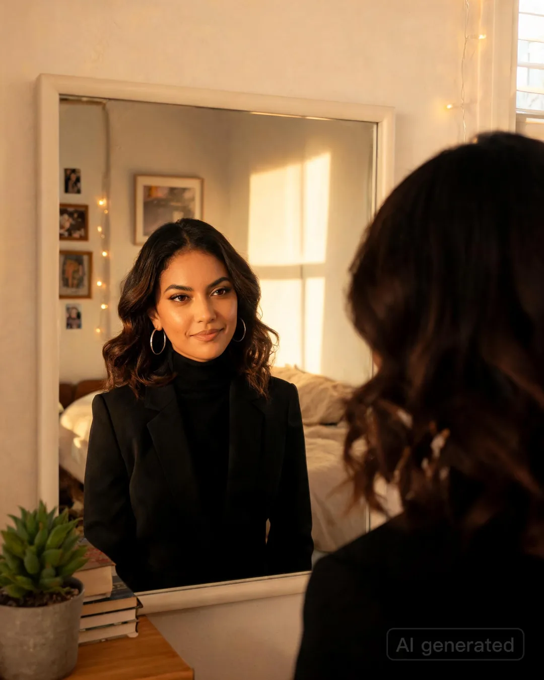 Aria Martinez wearing a fitted black blazer over a silk camisole in a small apartment mirror