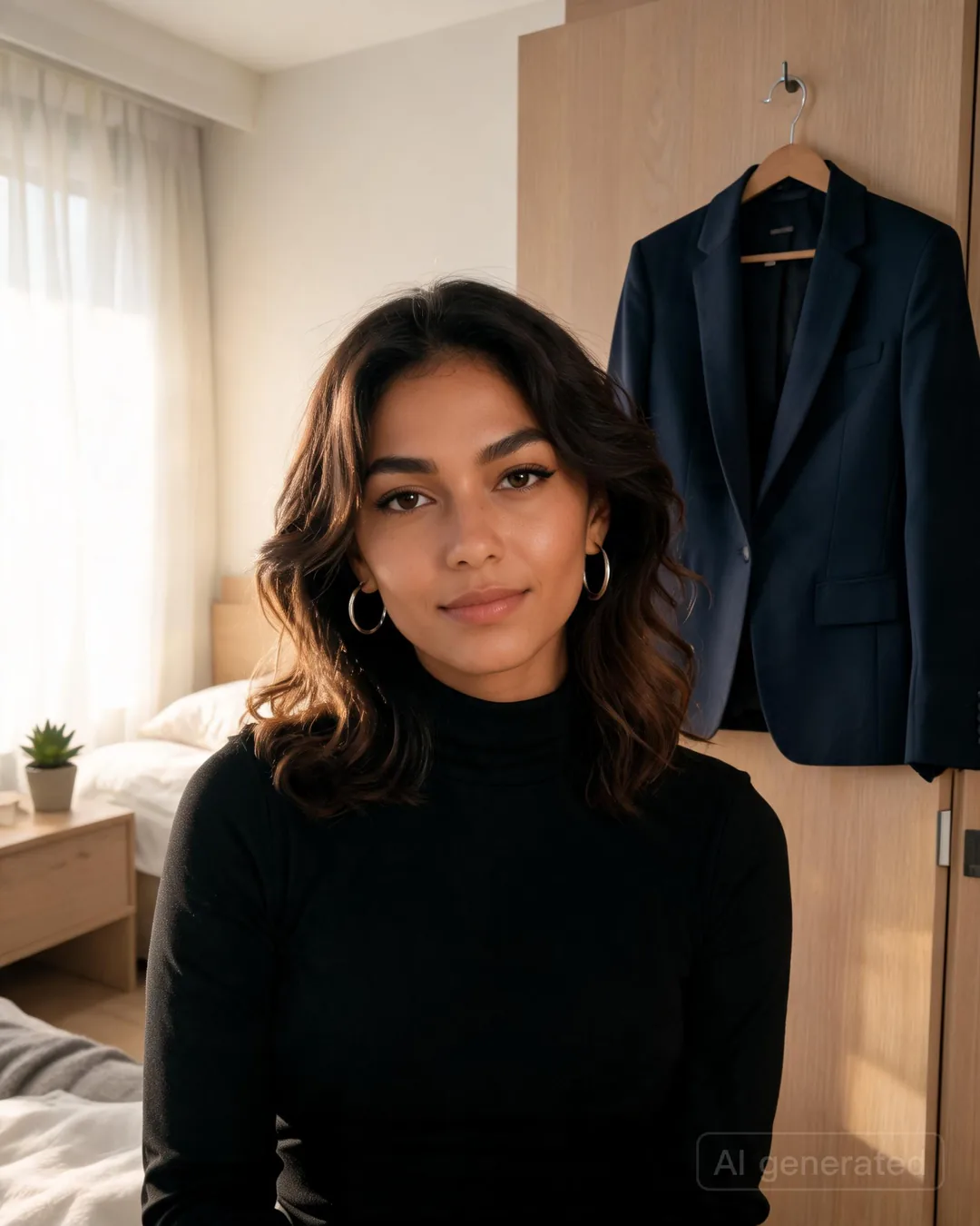 Aria Martinez standing in a sleek apartment bedroom beside a pressed blazer hanging on a closet