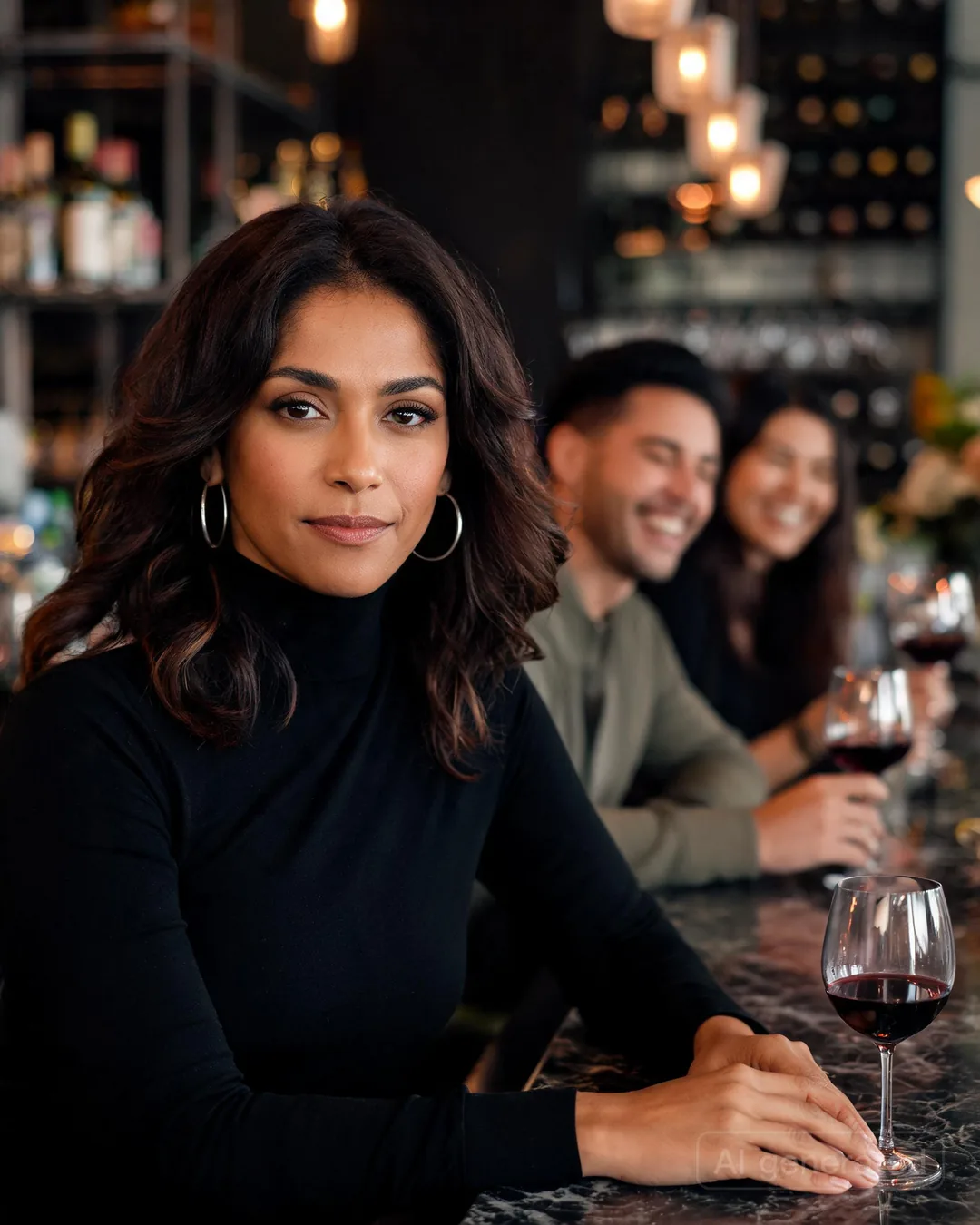 Aria Martinez sitting at a sleek wine bar with two blurred figures laughing over glasses of