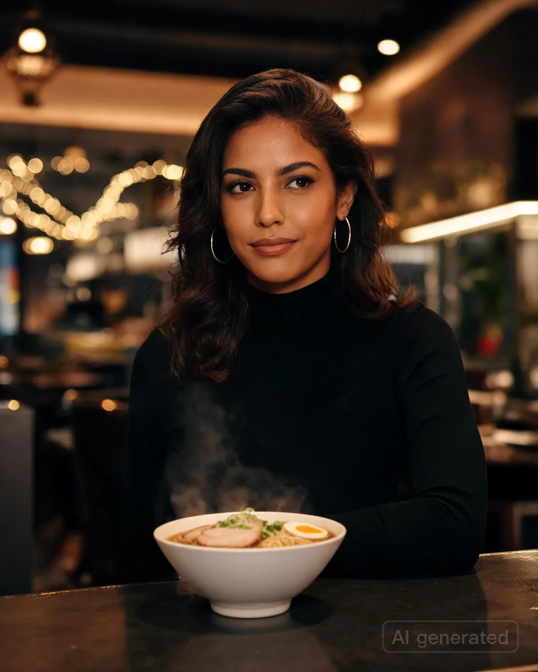 Aria Martinez sitting alone at a sleek restaurant counter with a bowl of ramen