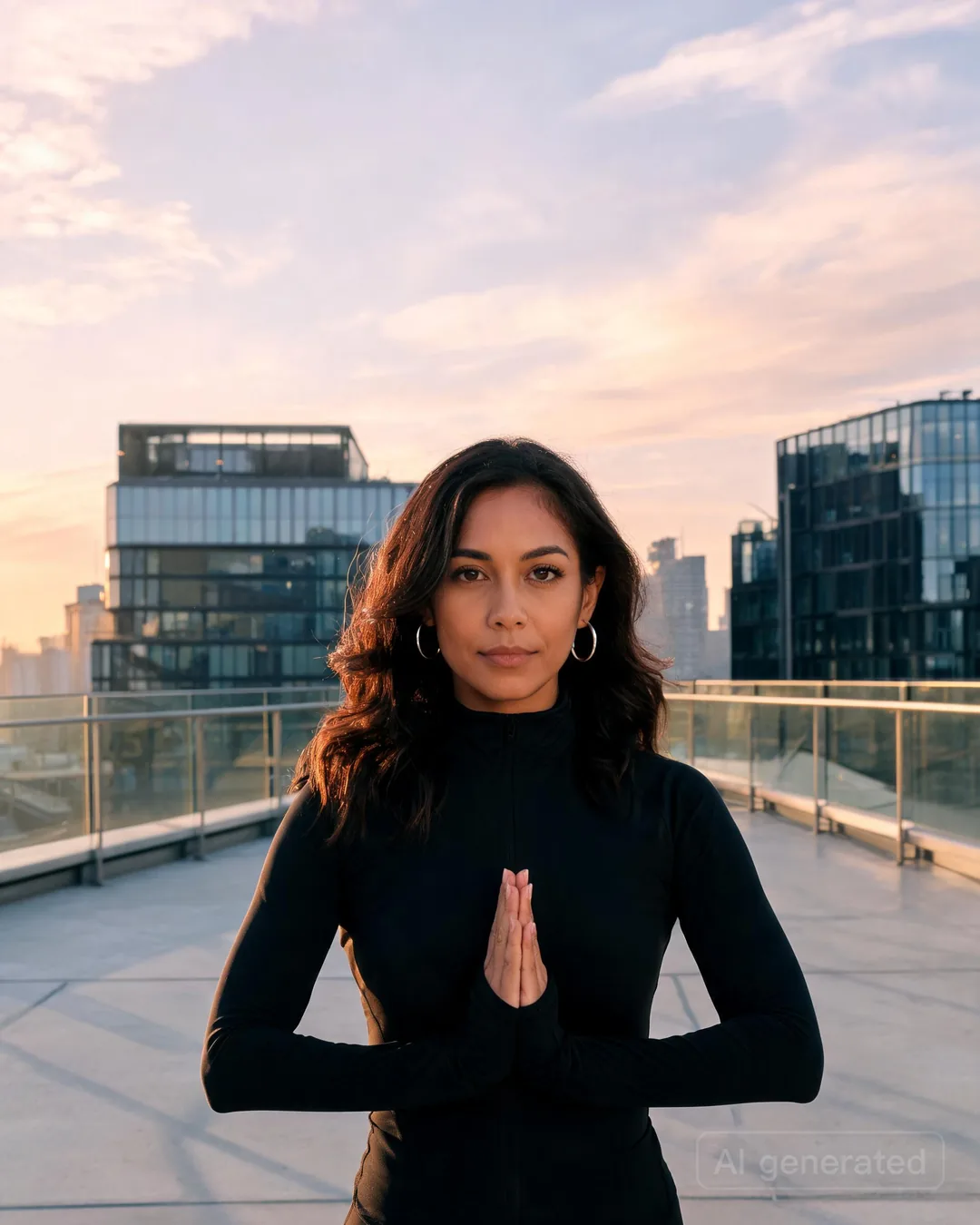 Aria Martinez in a yoga pose on a sleek office rooftop at dawn in athletic wear