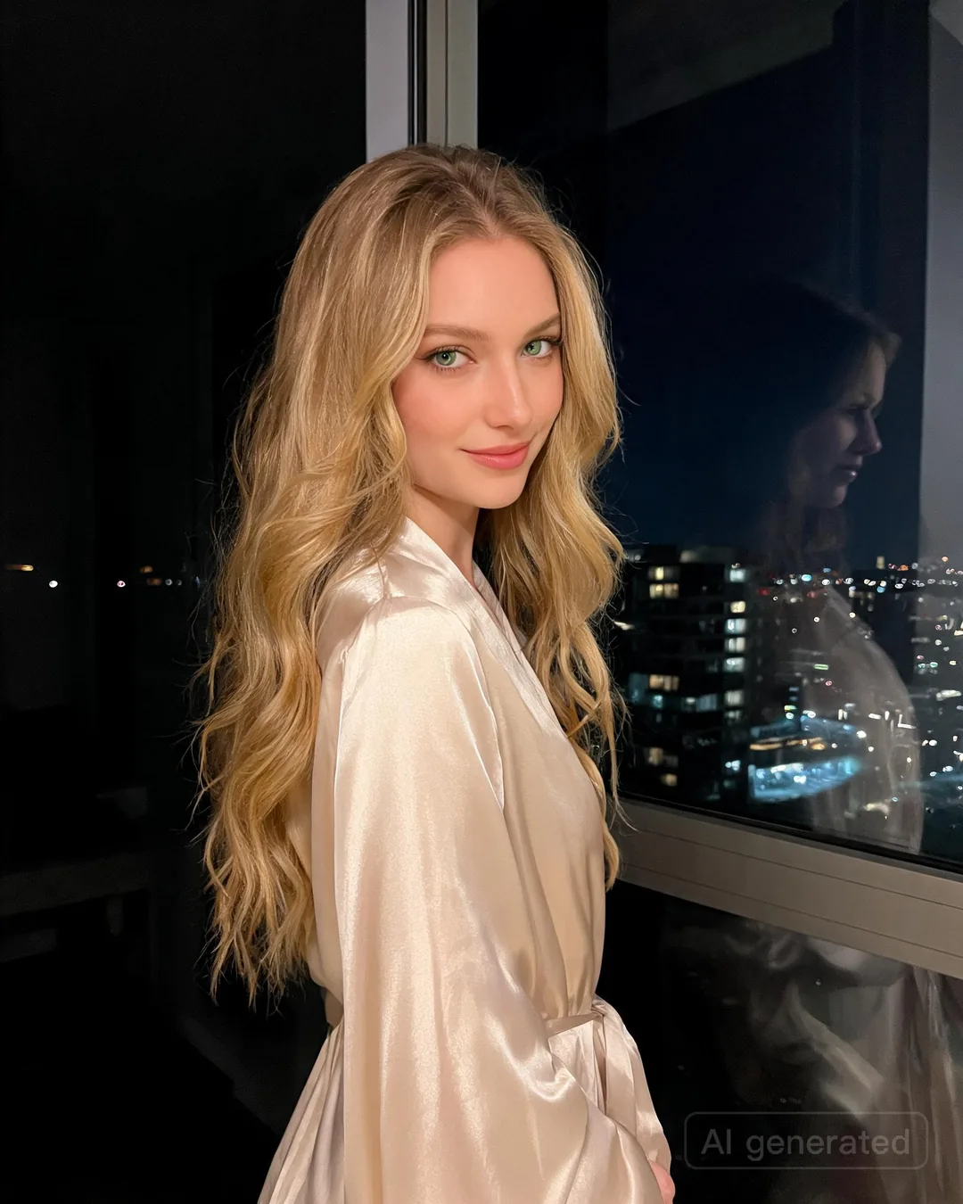 Mira Quinn at the kitchen window in the soft robe