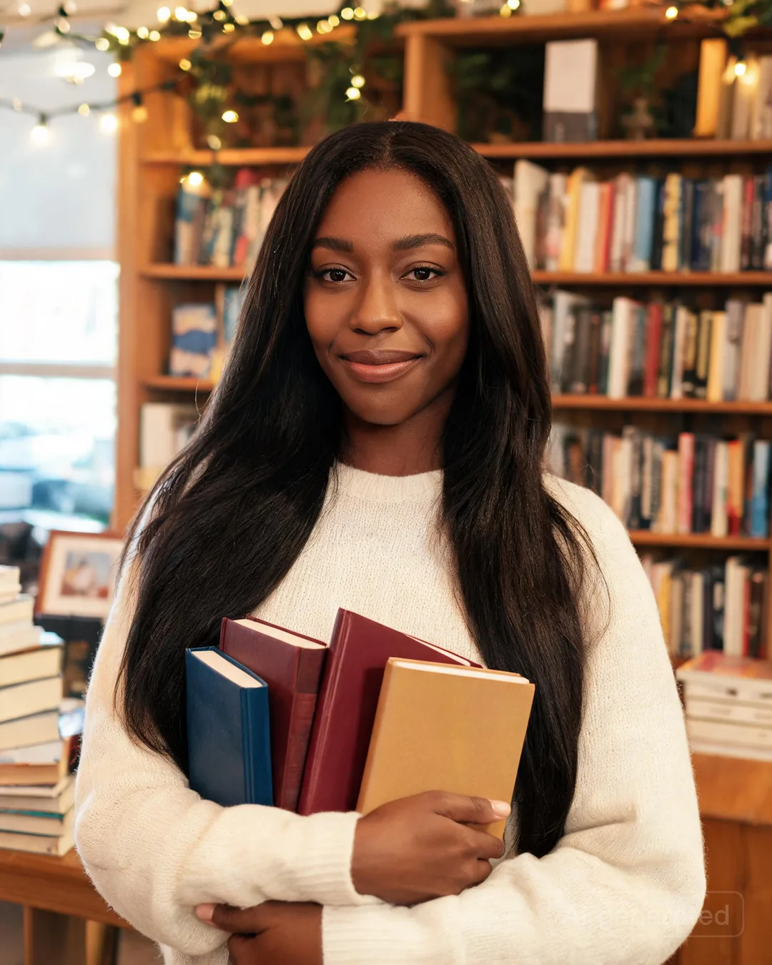 Paige Bell with the book in the warm afternoon light
