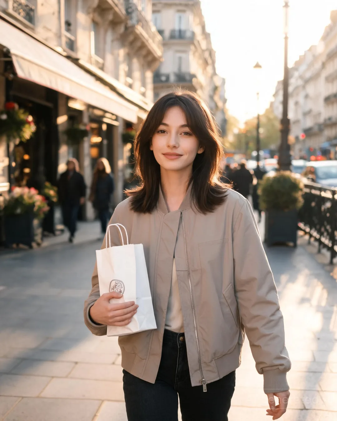 Mila Horvat on the street in the soft jacket