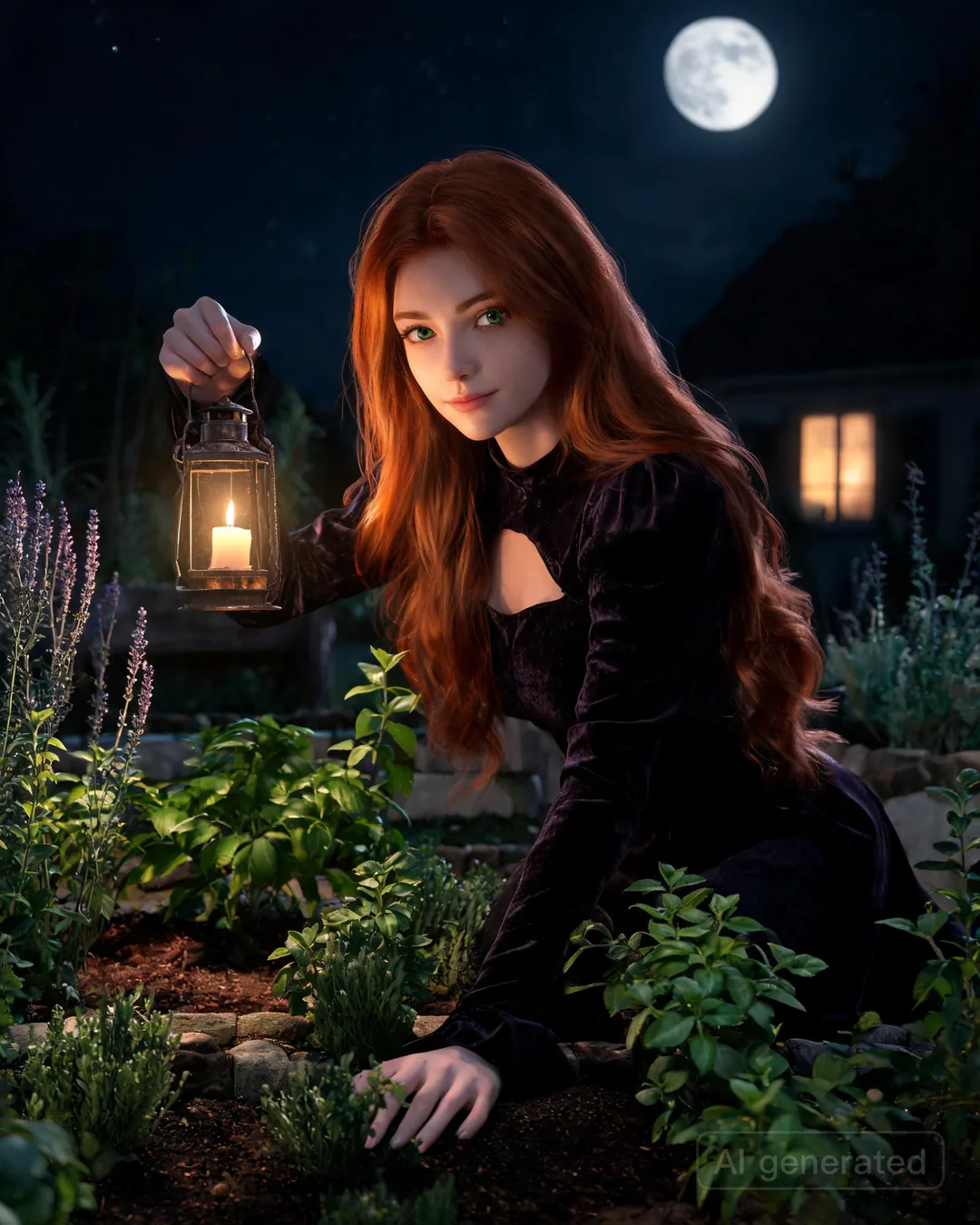 Freya Callan tending herbs in her cottage garden by lamplight