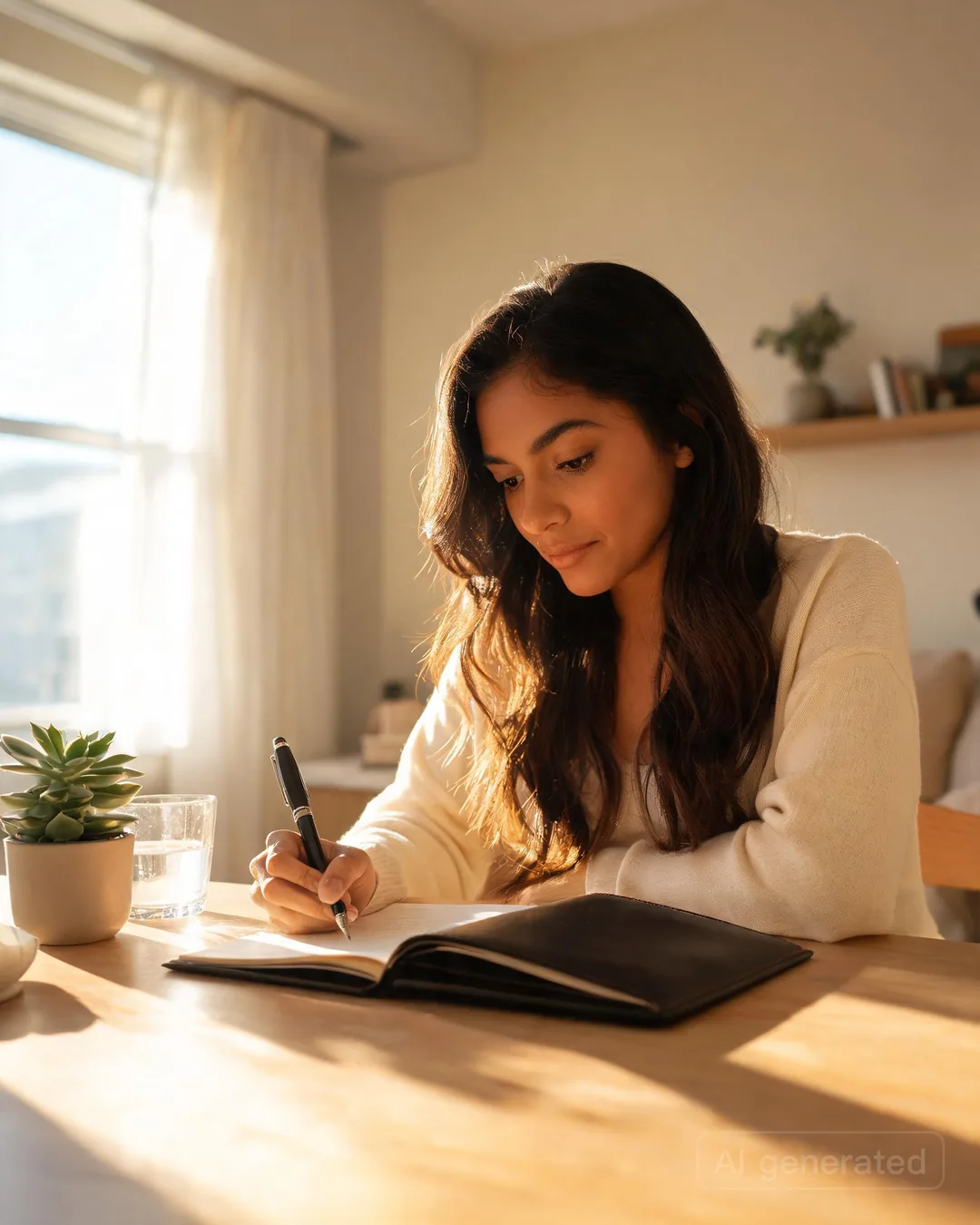 Adriana Flores at the desk in the soft leather jacket