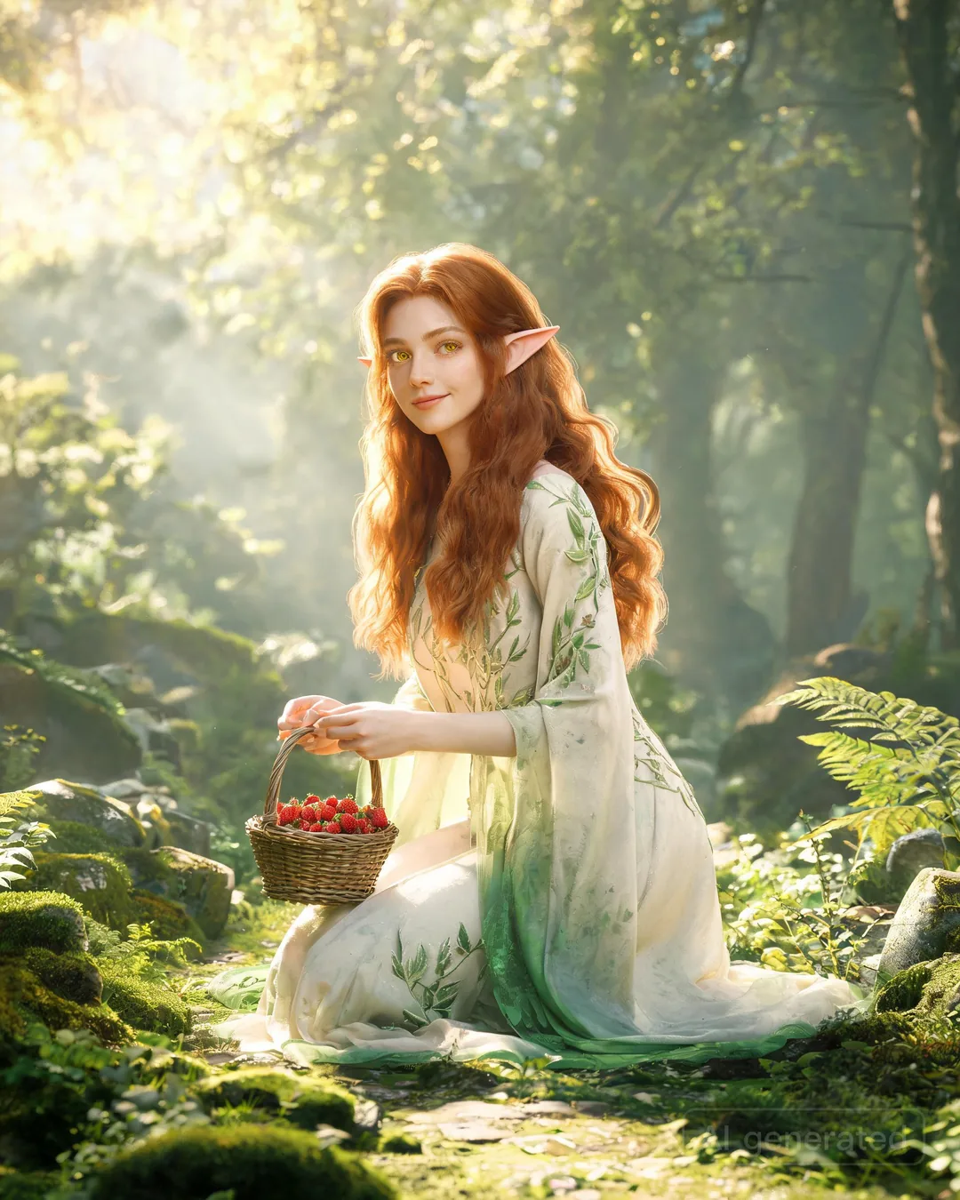 Lirien Stardancer in a sunny forest clearing weaving a flower crown