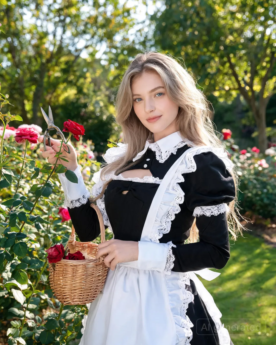 Sophie Bell in the small back garden in the fitted black-and-white