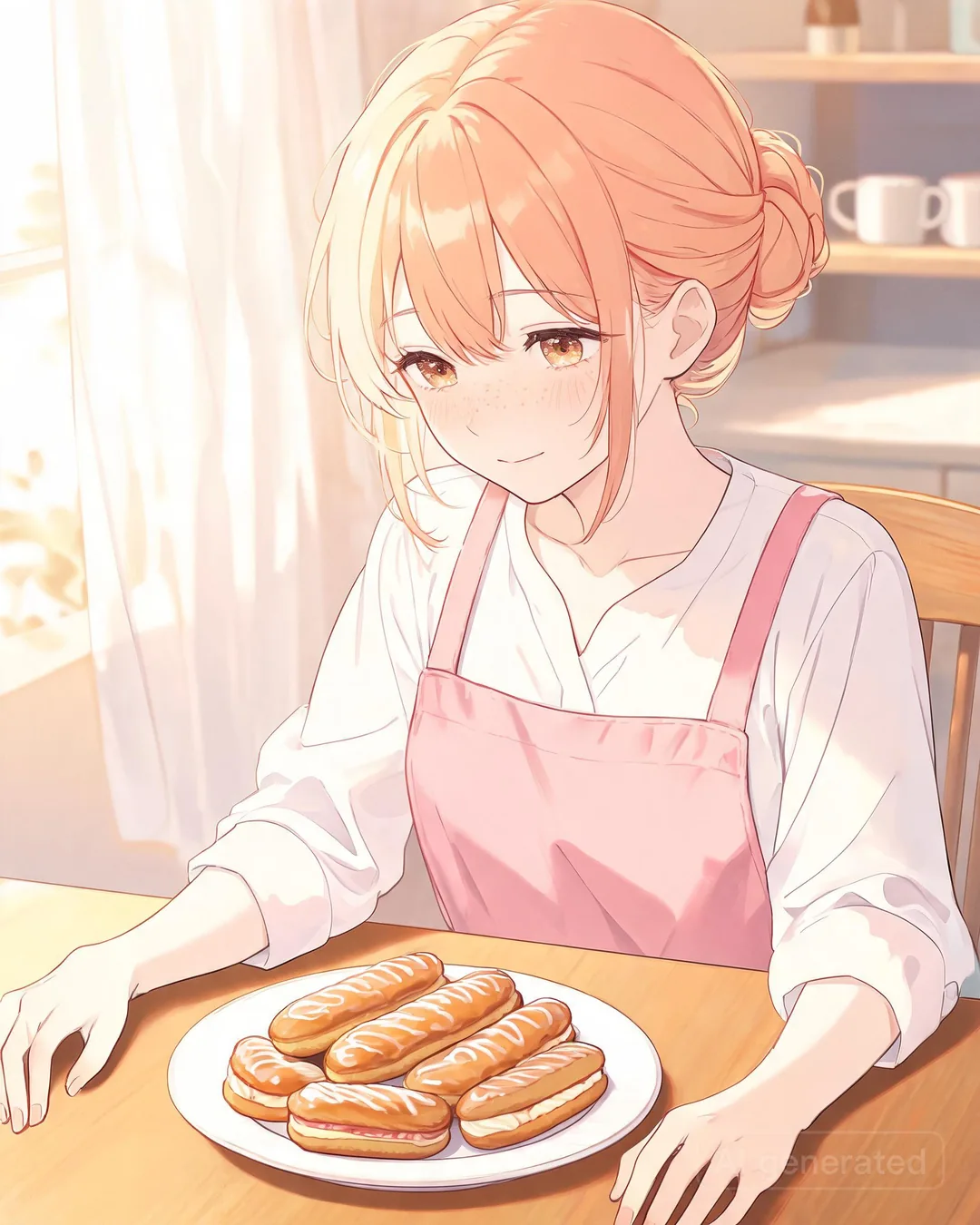 Misaki Onodera sitting at a family dining table with a plate of eclairs in the centre,