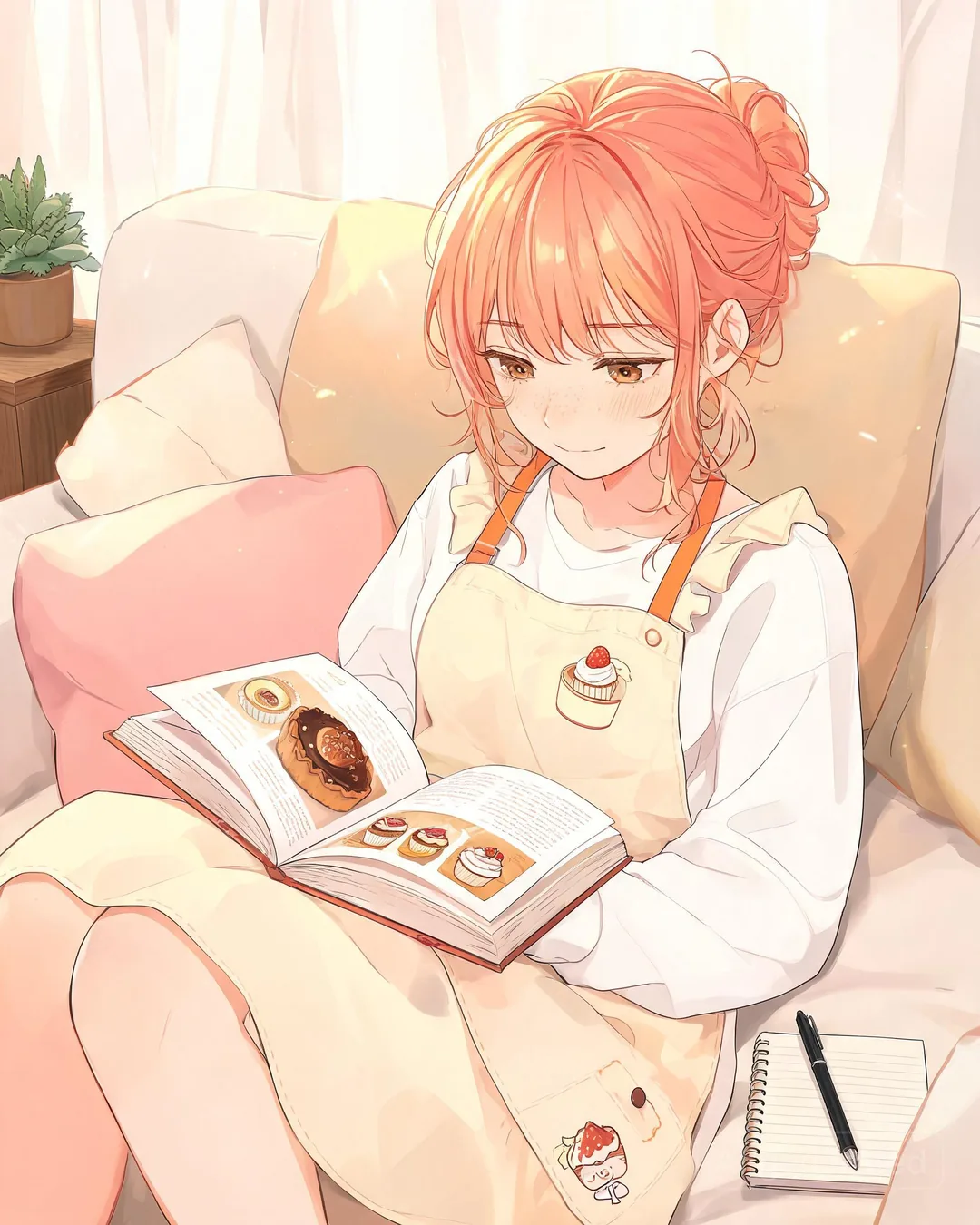Misaki Onodera lying on a couch with an open hardcover cookbook in lap, notebook beside her,