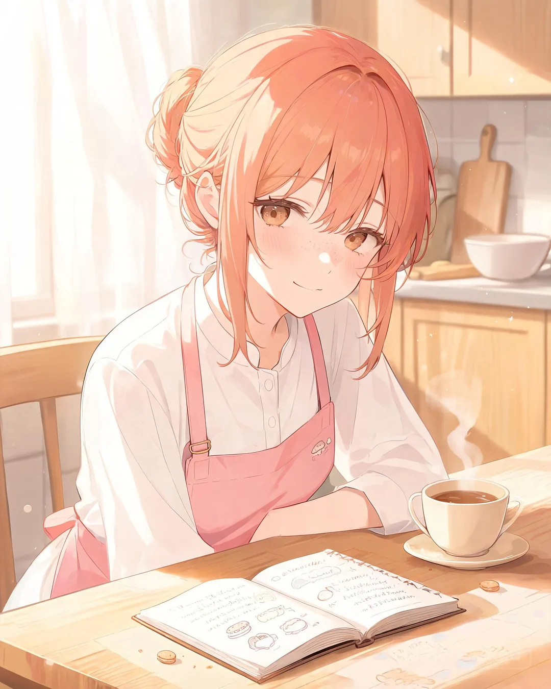 Misaki Onodera sitting at a kitchen prep table with a notebook and a teacup, peaceful early