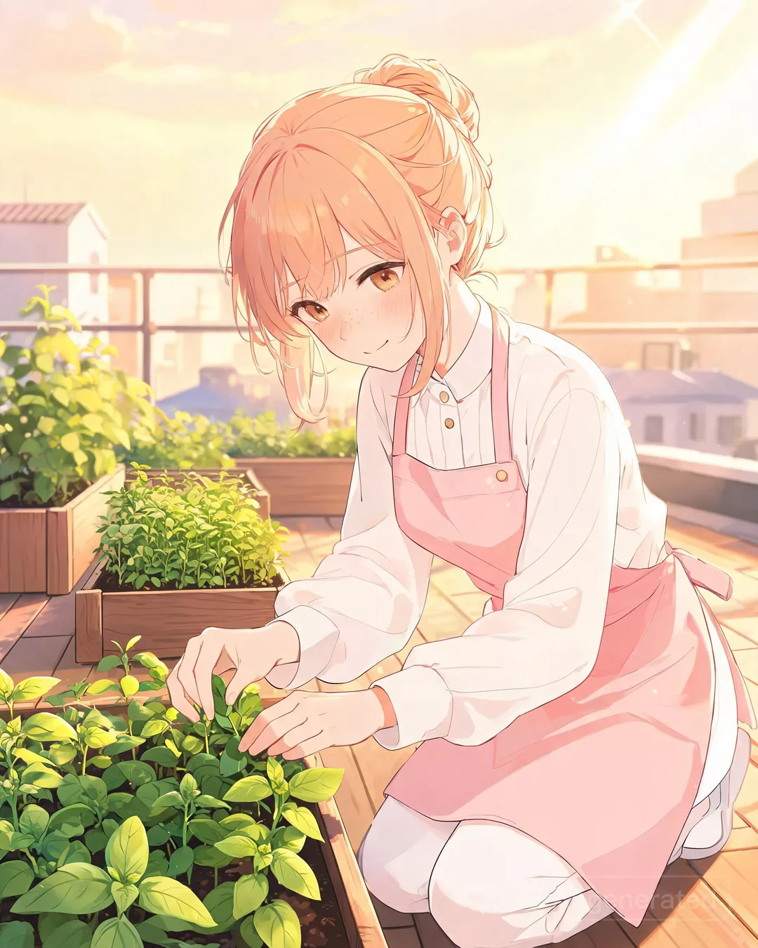 Misaki Onodera kneeling beside a small rooftop herb garden harvesting basil with golden afternoon light
