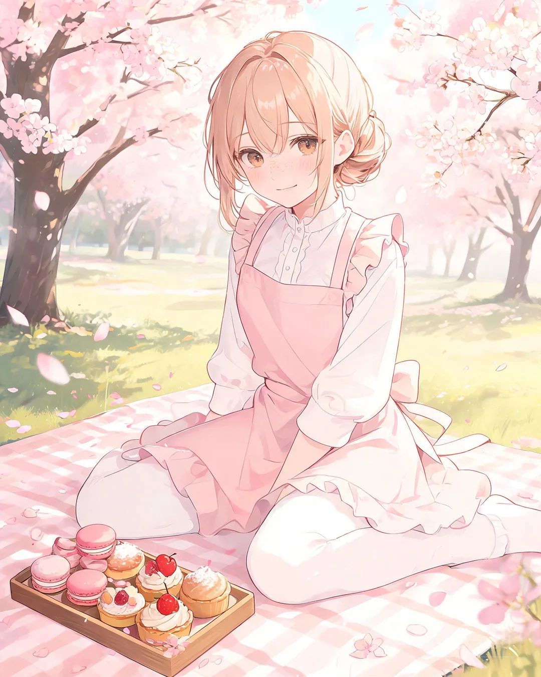 Misaki Onodera sitting on a picnic blanket in a cherry blossom park with a tray of