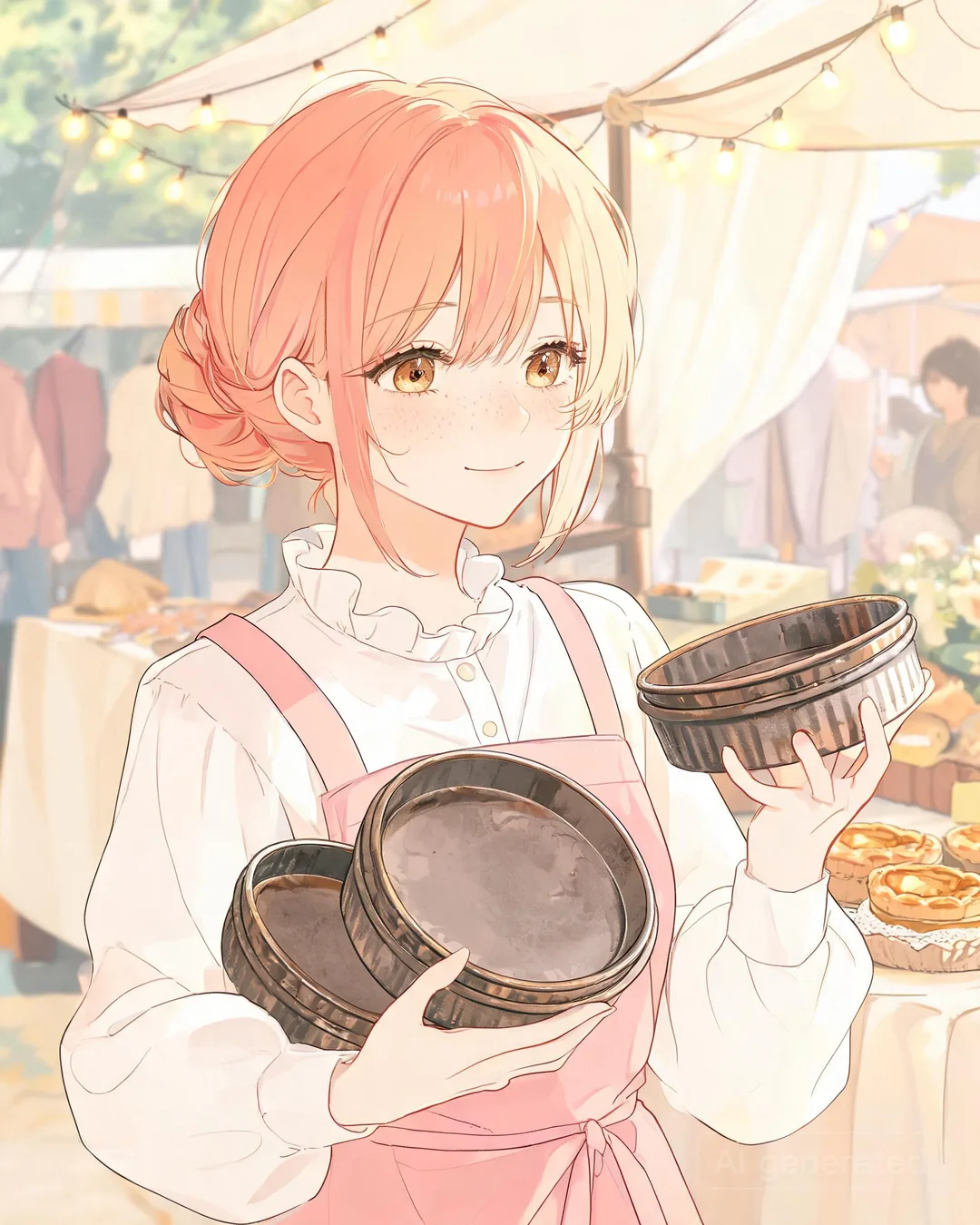 Misaki Onodera holding three vintage tart pans at a flea market stall, delighted reverent smile