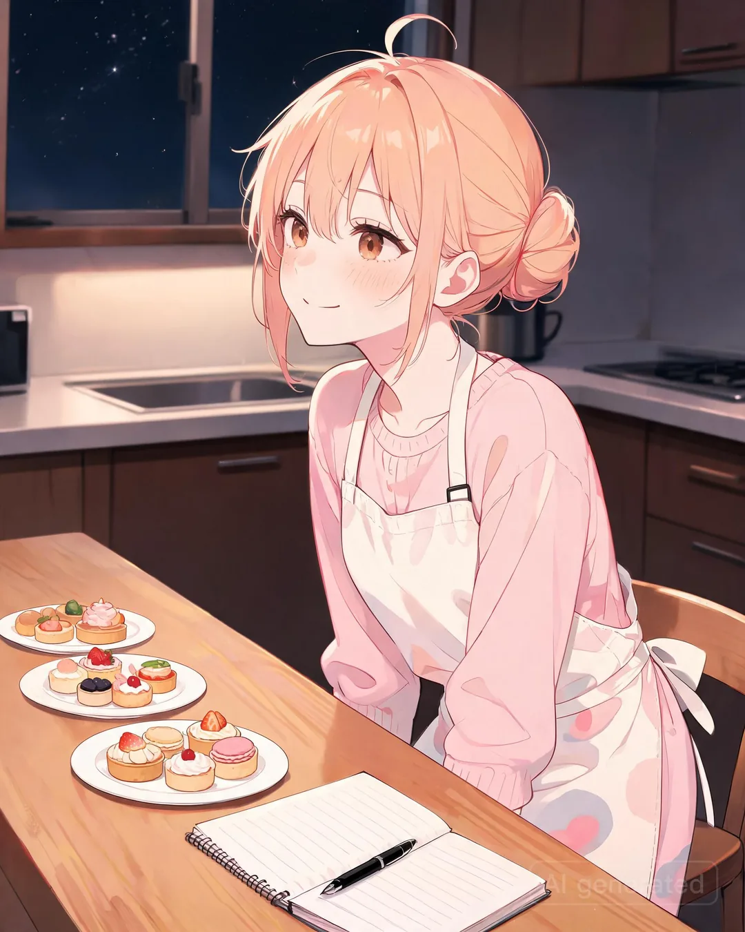 Misaki Onodera sitting at a kitchen counter at midnight in pajamas with three plates and a
