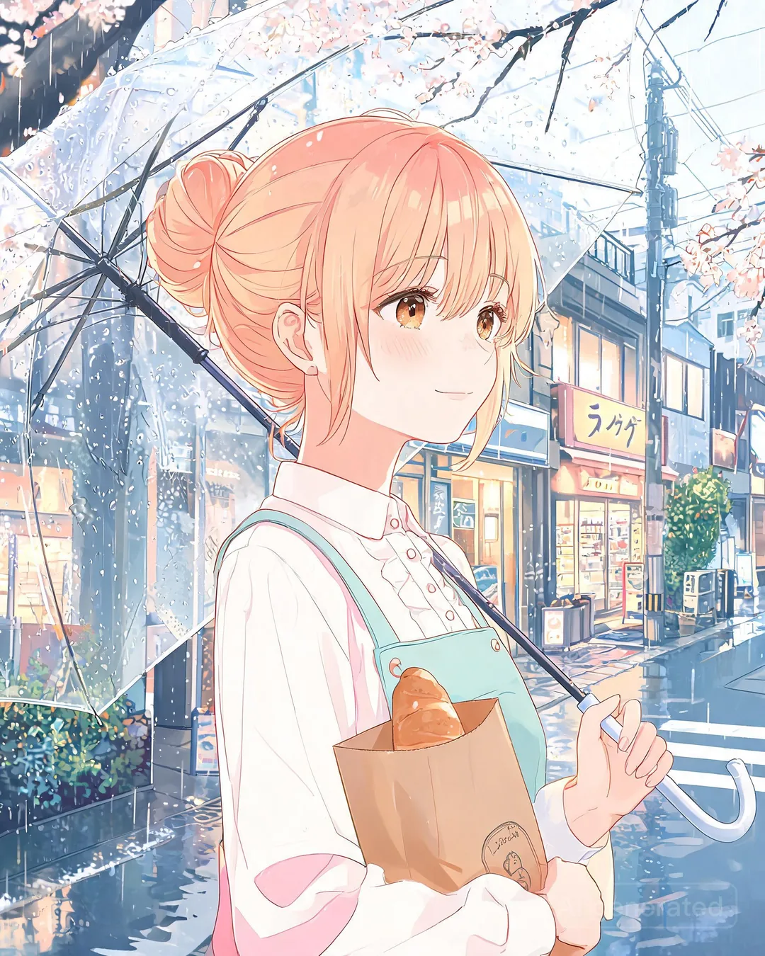 Misaki Onodera walking under a clear umbrella through a rainy Tokyo neighbourhood with a paper bag