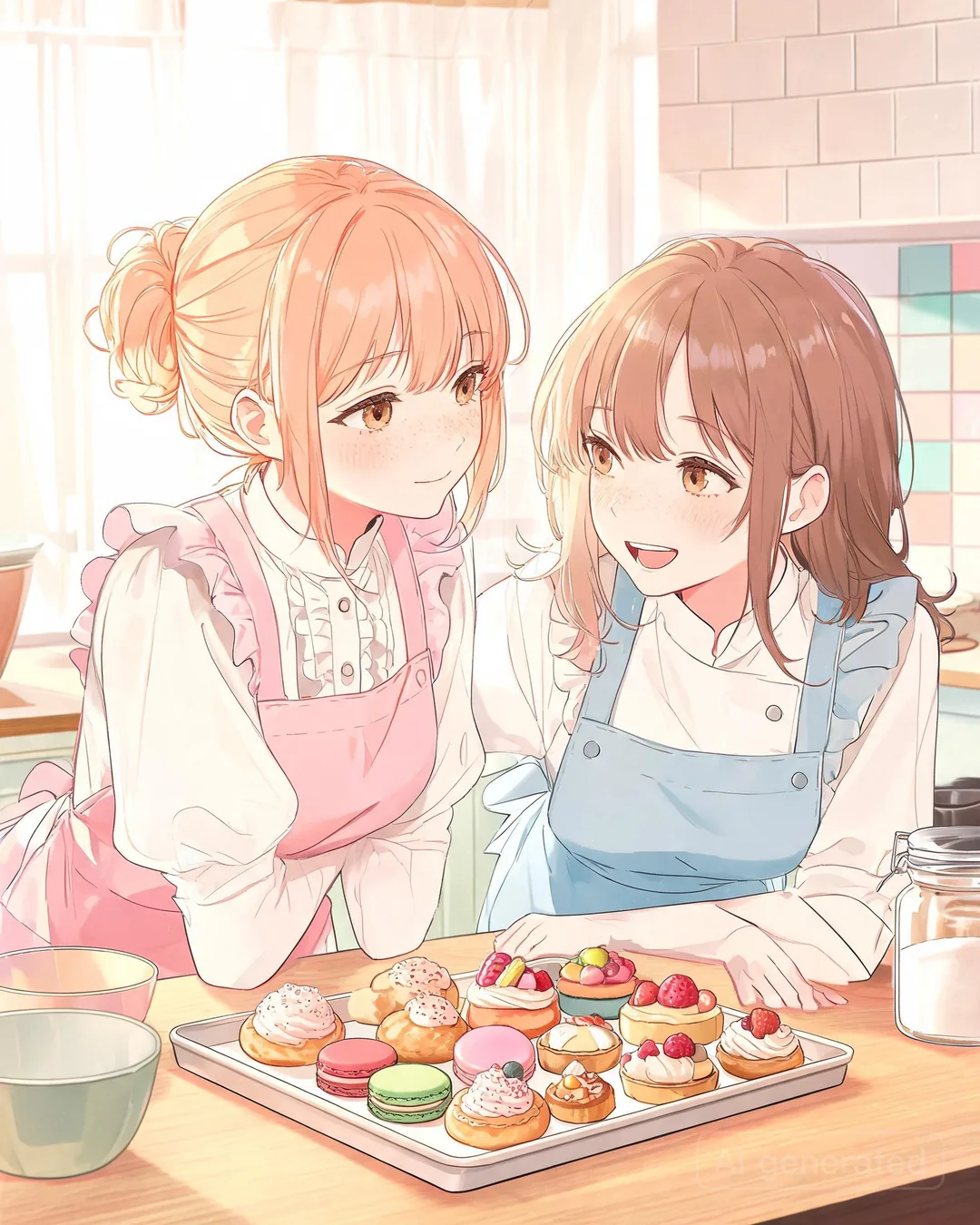 Misaki Onodera standing in a kitchen with a friend laughing over a tray of finished pastries