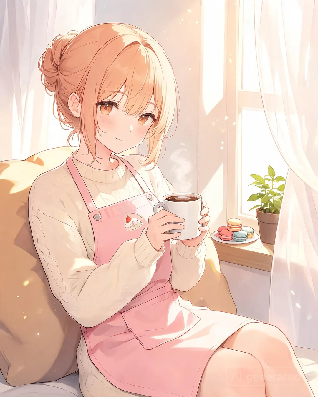 Misaki Onodera sitting in a sunny window seat in a knit sweater holding hot chocolate, peaceful