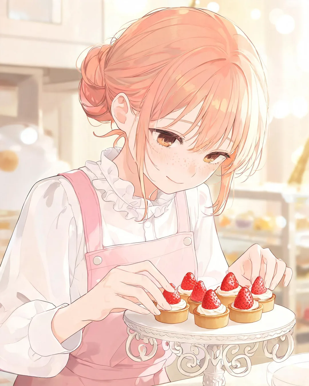 Misaki Onodera arranging tiny strawberry tartlets on a vintage white cake stand, soft focused expression