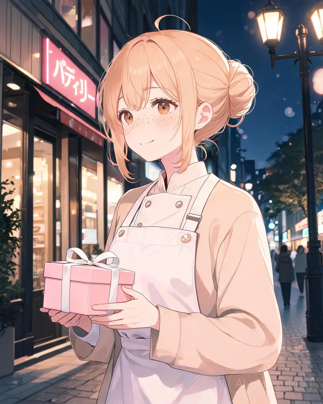 Misaki Onodera walking down a Ginza side street at night in a soft coat holding a