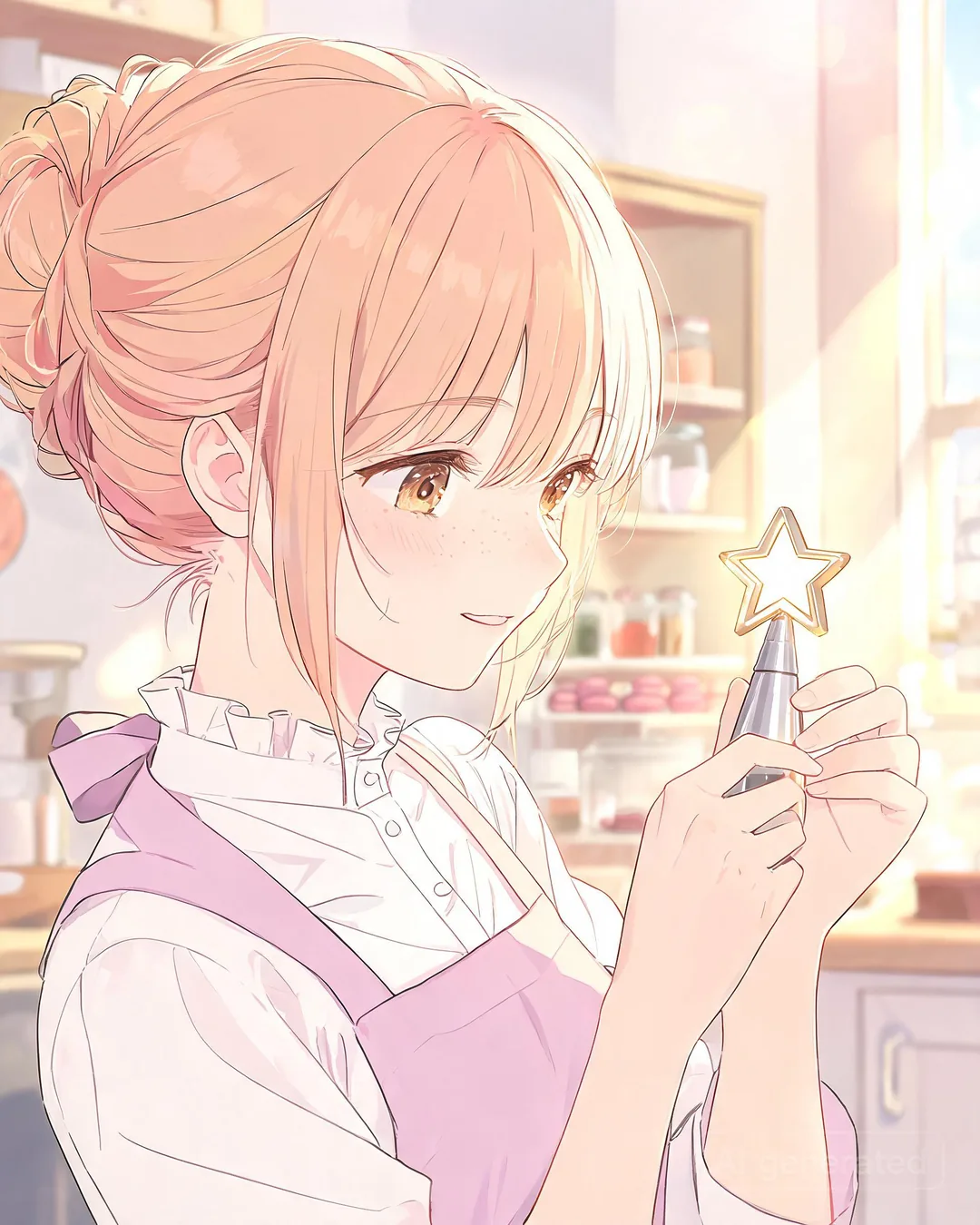 Misaki Onodera holding a small star piping tip up to the light with delighted reverent expression