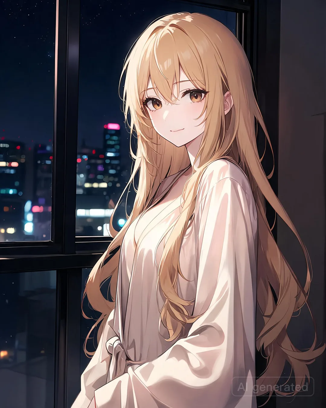 Nyaru Bell at the window in the soft robe, cel-shaded anime aesthetic