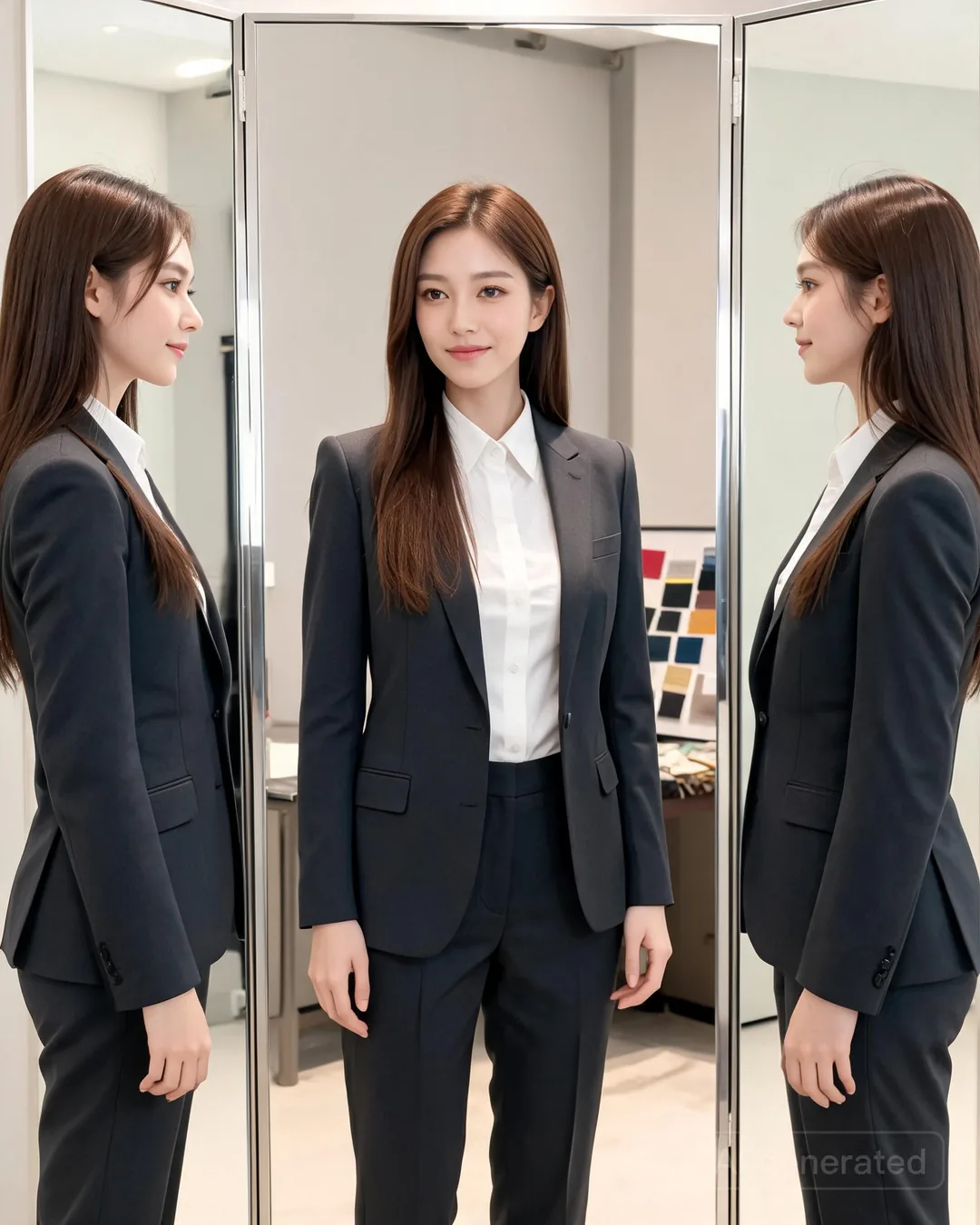 Cara Mercer at the bedroom mirror at the end of the workday