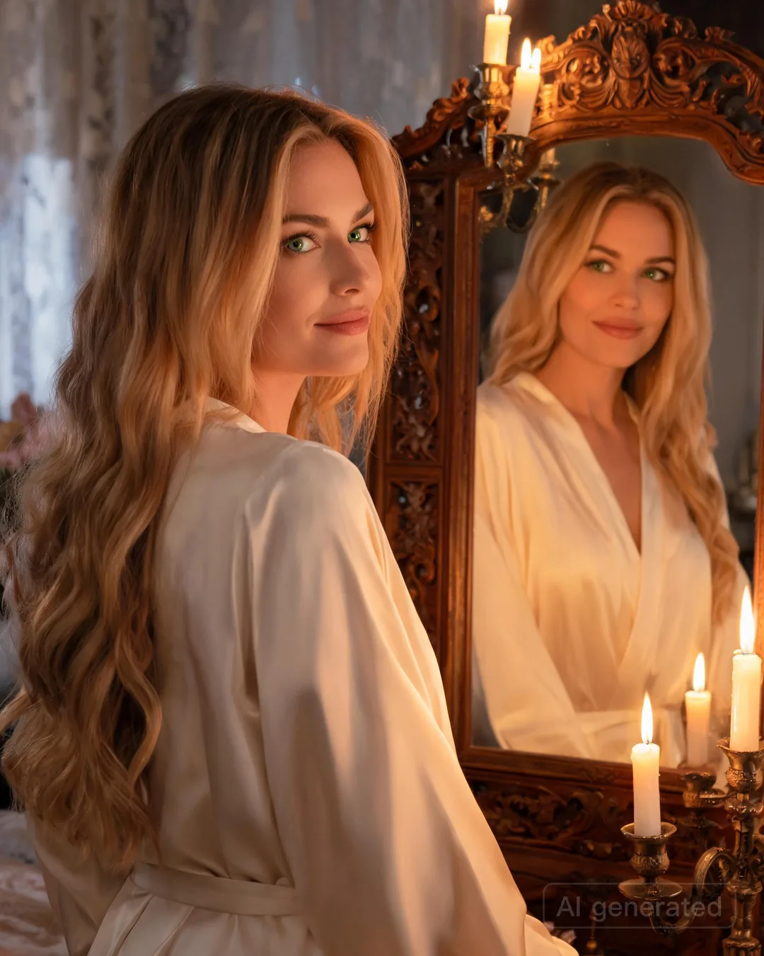 Mira Vance at the bedroom mirror in the fitted soft dress