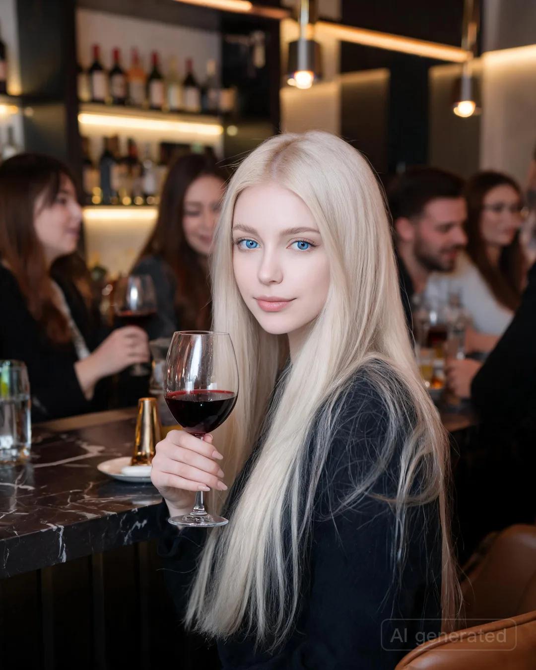 Galina Komarova at the bar in the soft warm light