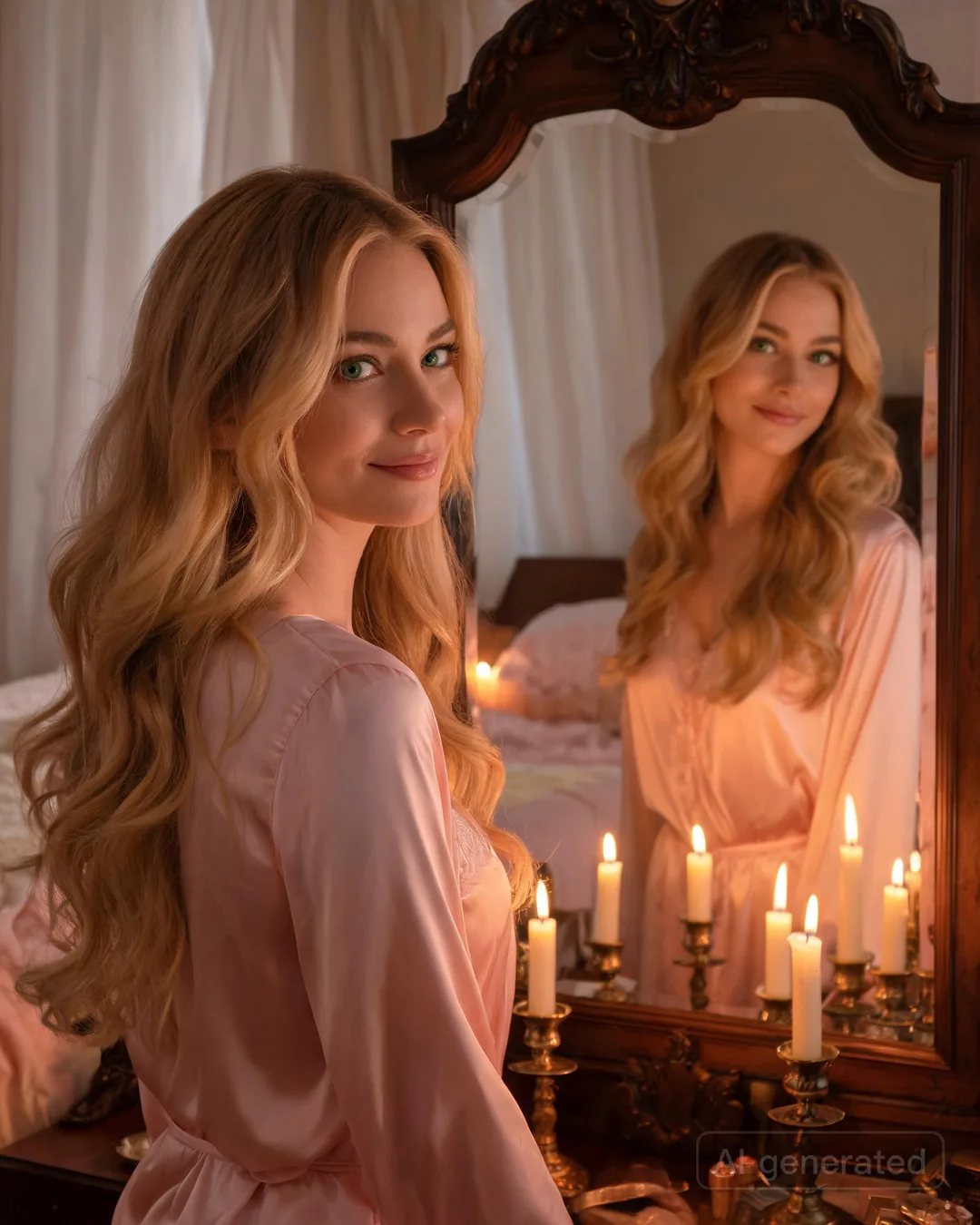 Honey Lux at the bedroom mirror in the soft cream slip