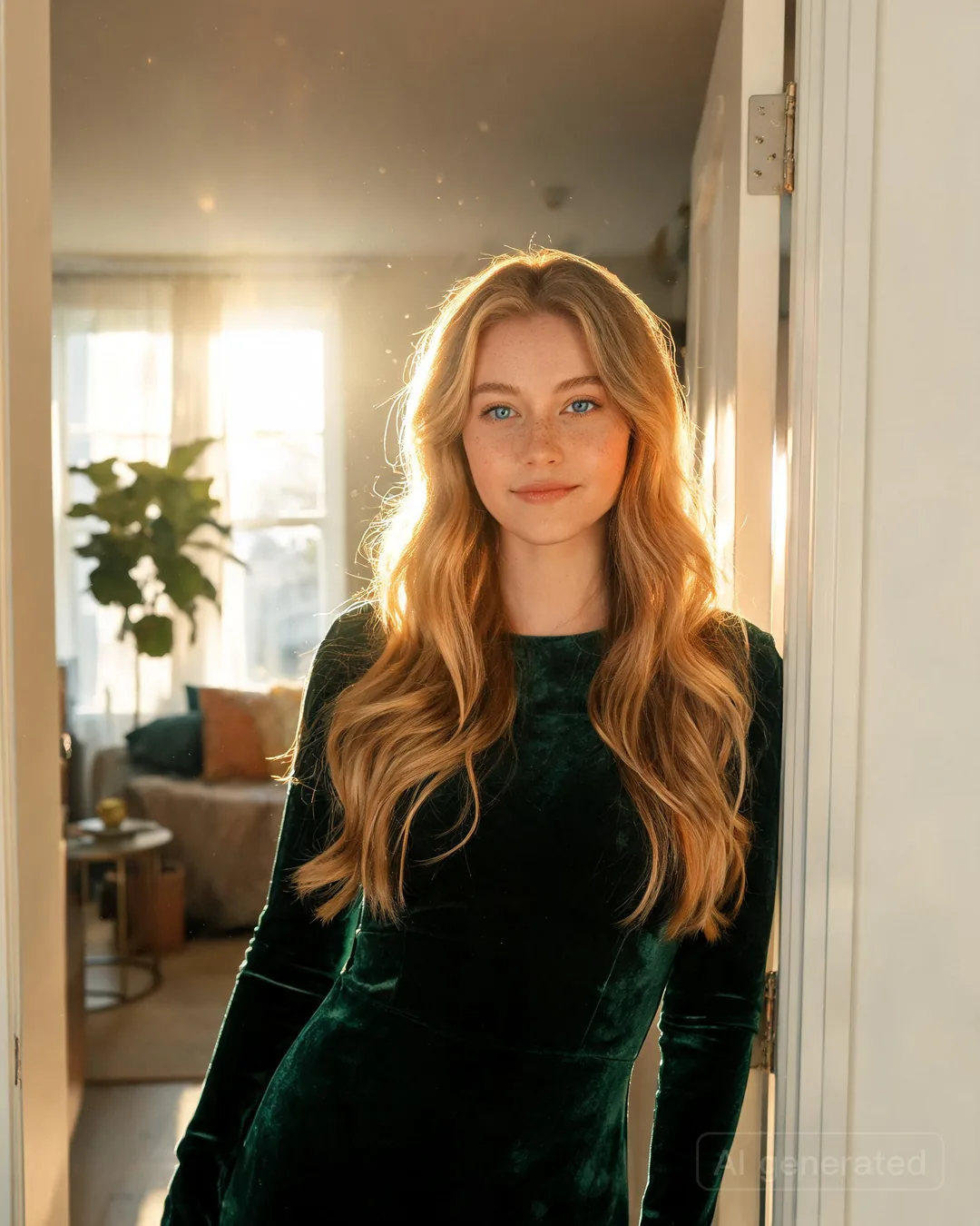 Theia Atwood in a fitted velvet dress with the leather notebook