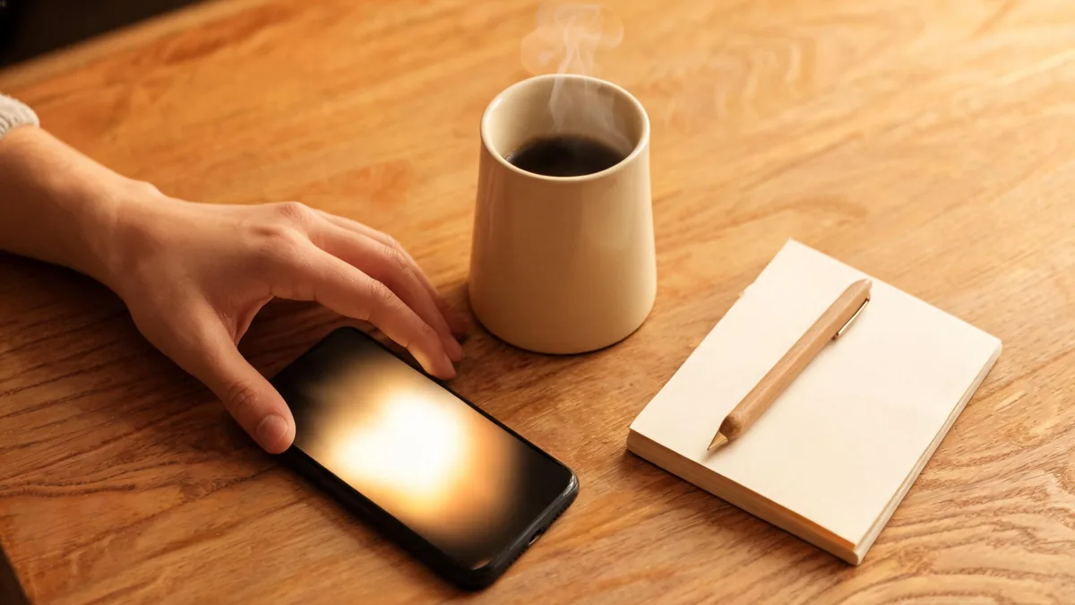 AI companion experienced as an AI girlfriend through a chat app, a warm intimate everyday moment with coffee and a phone