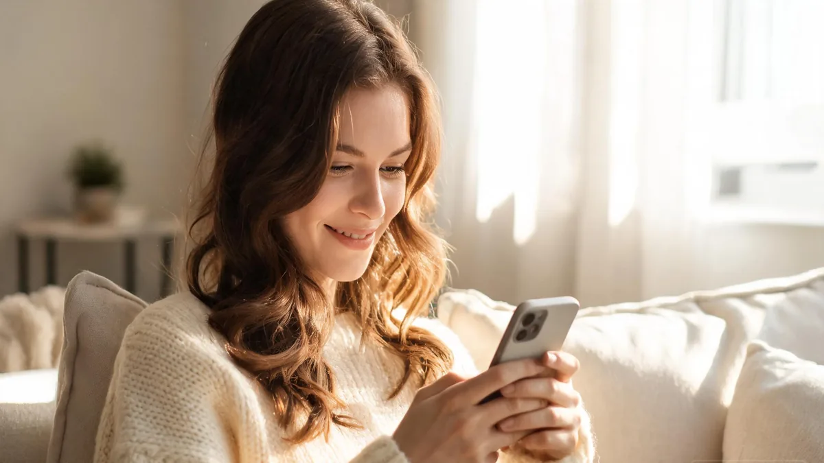 AI companion meaning: a warm always-on chat partner on your phone AI companion meaning shown as a warm everyday moment on the couch with a phone, the kind of always-on chat partner the category is built around