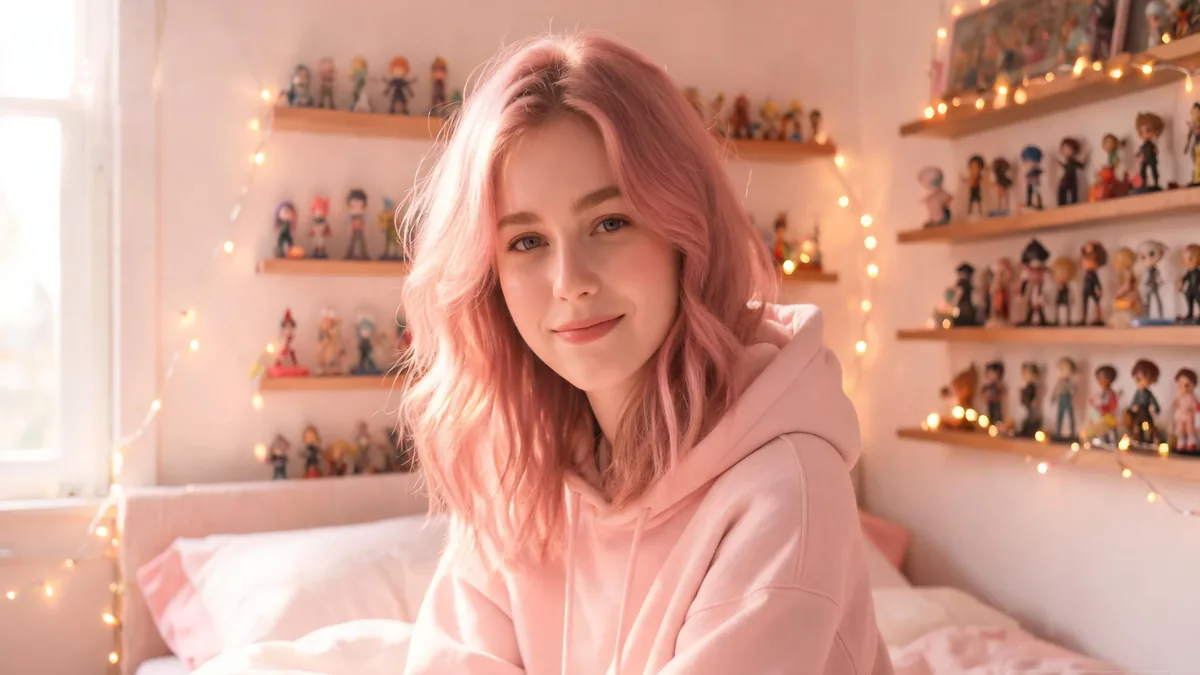 Anime fan in a cozy bedroom surrounded by figurines, a lifestyle portrait that captures the warmth and personal feeling of anime fandom