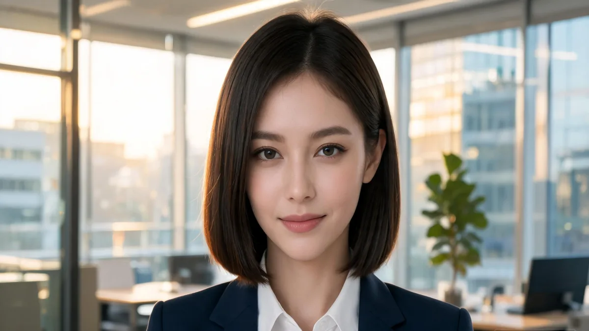 Assertive AI girlfriend with a confident calm gaze, the clear and direct communication style that defines the assertive type